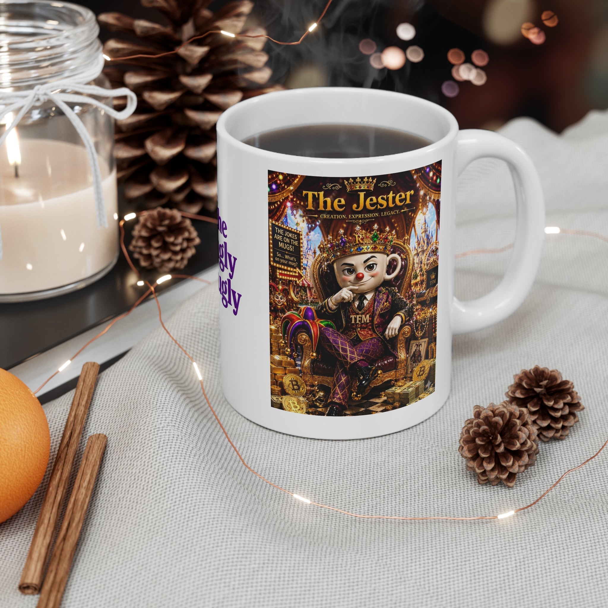 The Jester™ AKA Fuglarious™  White Mug — Royal Humor, Bold Character & Luxury Charm