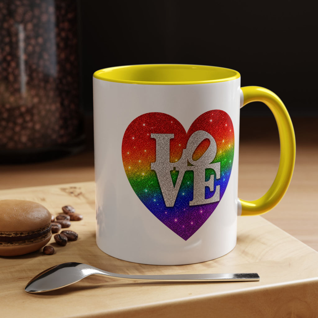 Rainbow LOVE Jewel Heart White Coffee Mug – Luxury Glitter Heart Mug | Premium Sparkling Rainbow LOVE Design
