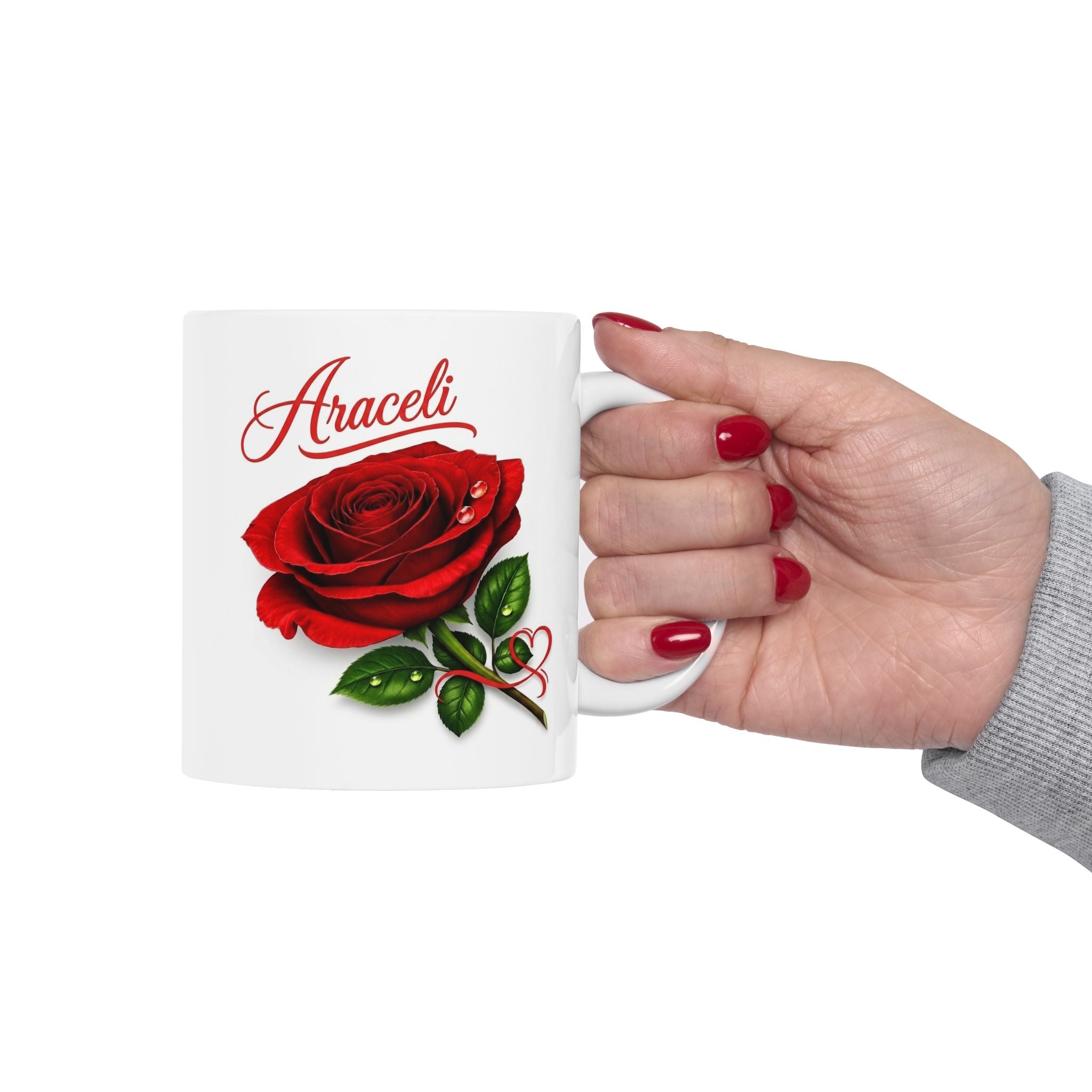 Araceli Signature Rose White Mug – Personalized Luxury Gift, Elegant Rose Coffee Mug, Premium Floral Keepsake