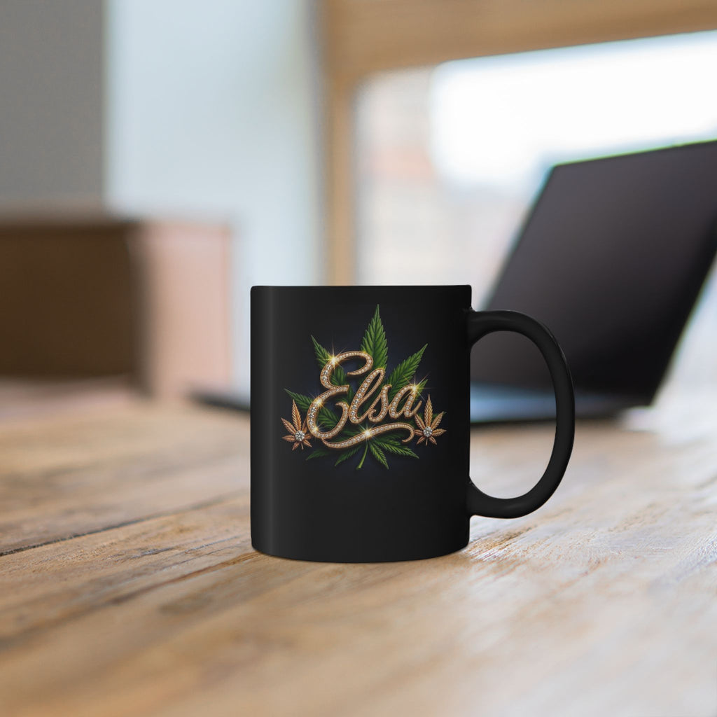 Elsa Emerald Royale – Diamond Gold Cannabis Leaf Luxury Black Ceramic Mug