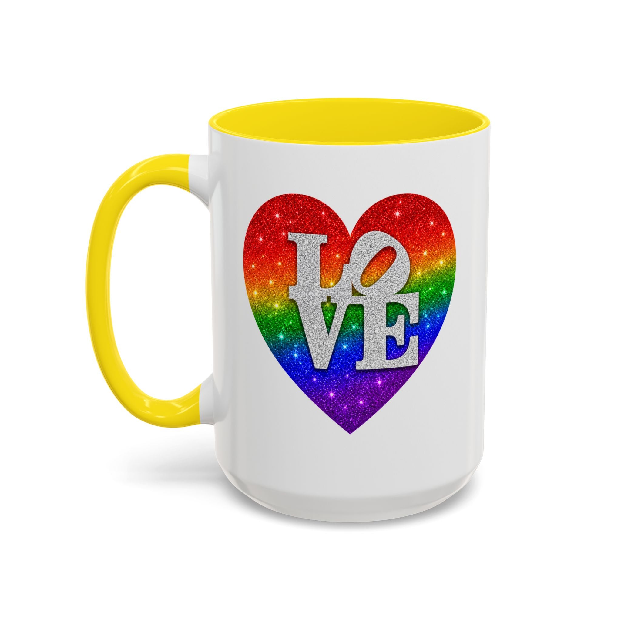 Rainbow LOVE Jewel Heart White Coffee Mug – Luxury Glitter Heart Mug | Premium Sparkling Rainbow LOVE Design