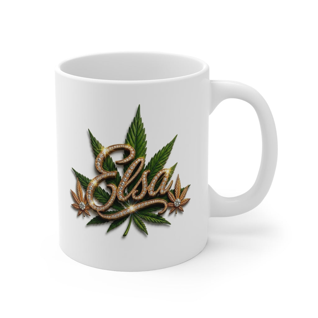 Elsa Emerald Royale – Diamond Gold Cannabis Leaf Luxury White Ceramic Mug
