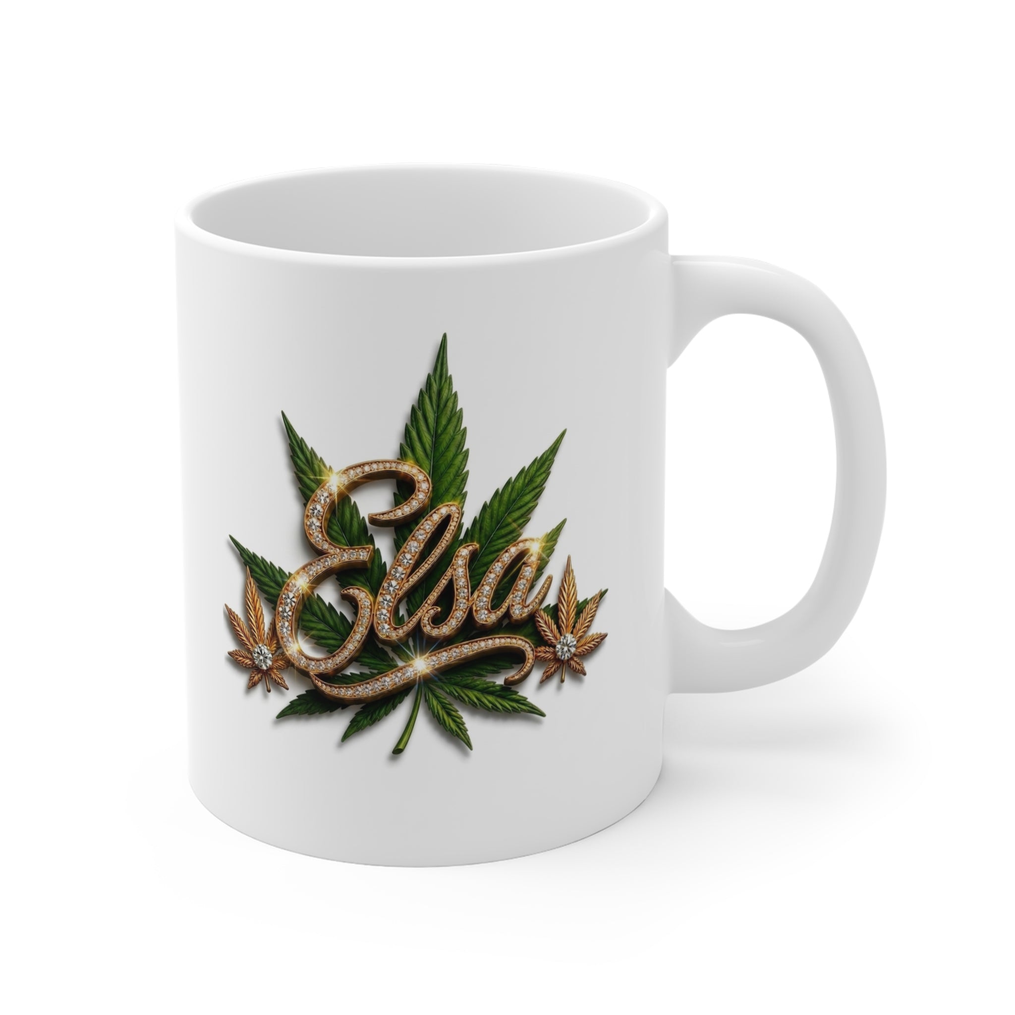 Elsa Emerald Royale – Diamond Gold Cannabis Leaf Luxury White Ceramic Mug