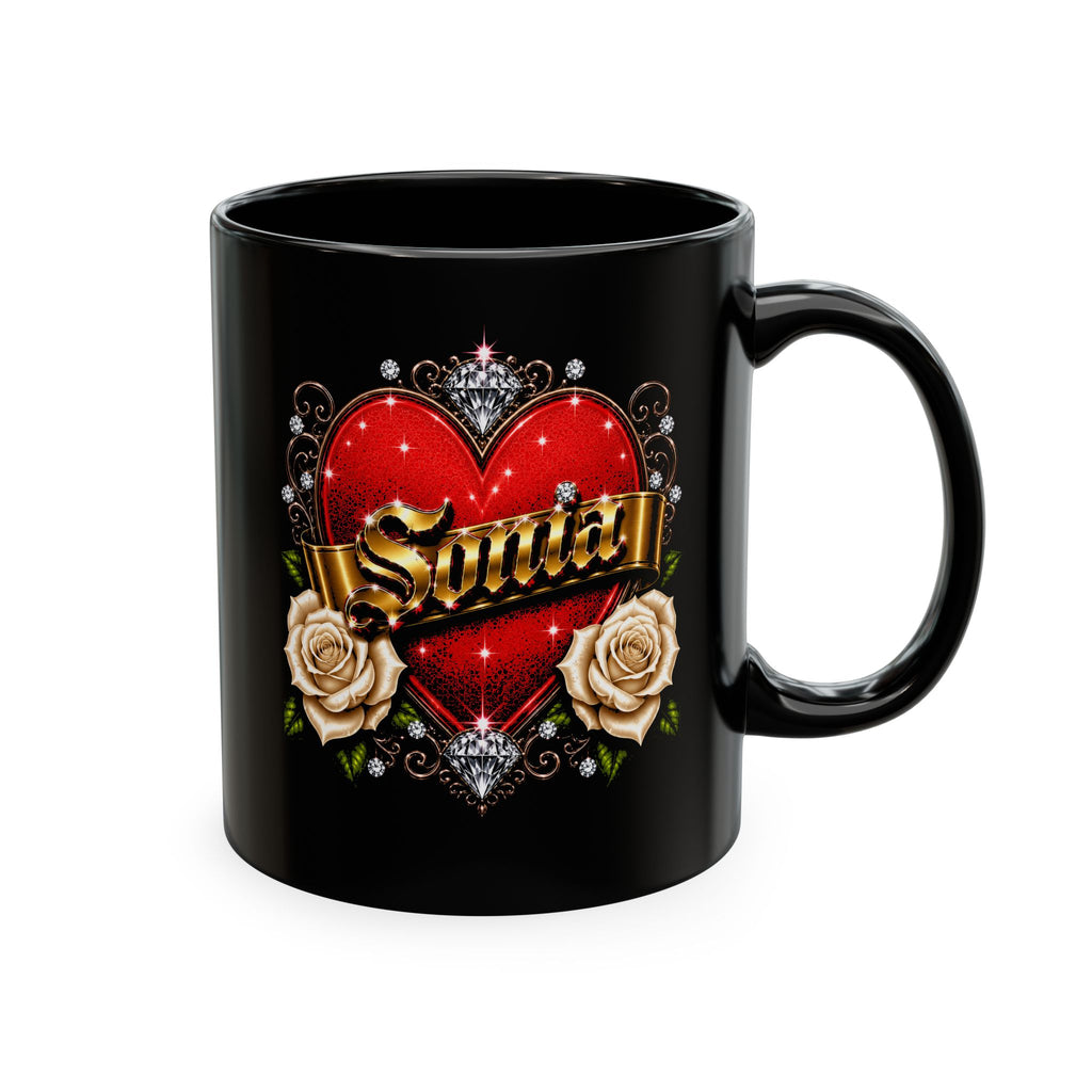Sonia Personalized Heart & White Rose Luxury Coffee Mug – Elegant Custom Name Gift | Premium Ceramic Mug