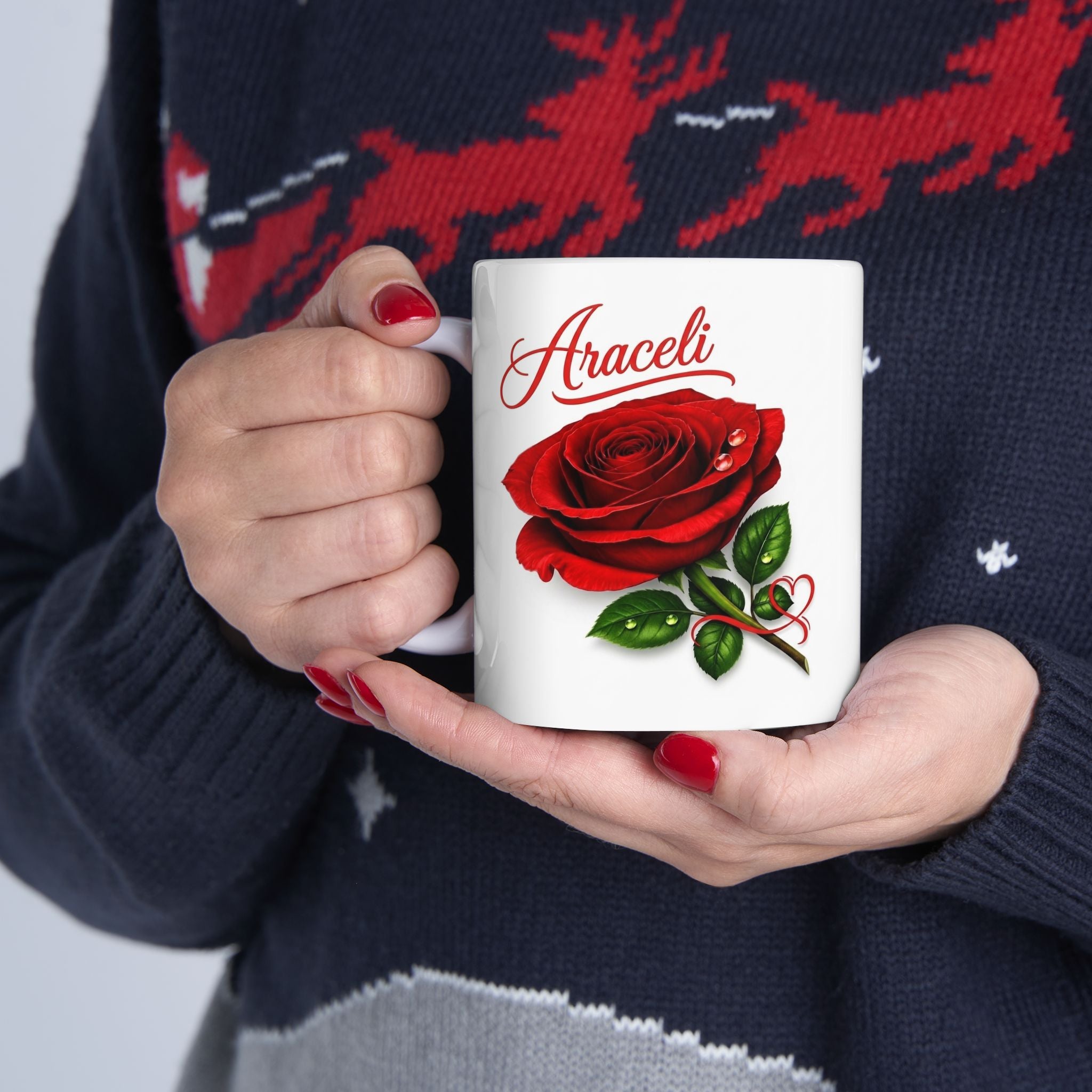 Araceli Signature Rose White Mug – Personalized Luxury Gift, Elegant Rose Coffee Mug, Premium Floral Keepsake