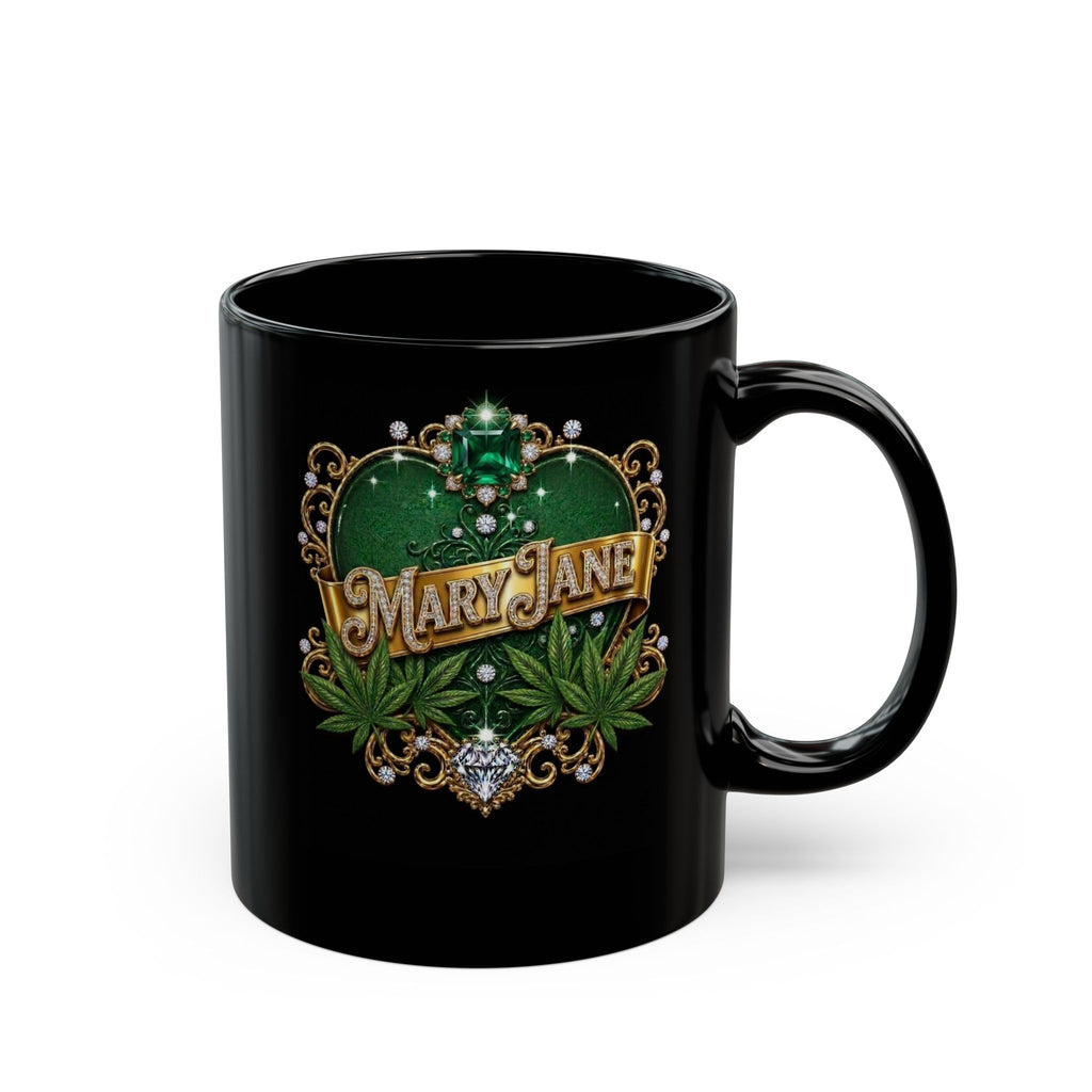 Mary Jane Emerald Royale – Luxury Cannabis Leaf & Diamond Gold Ceramic Mug