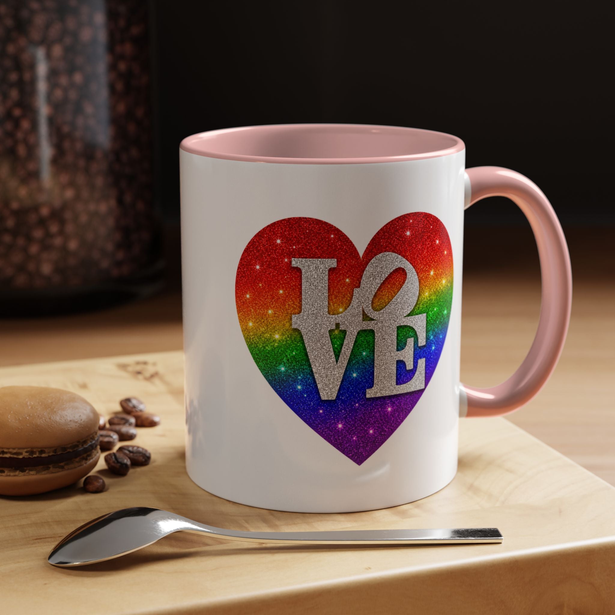 Rainbow LOVE Jewel Heart White Coffee Mug – Luxury Glitter Heart Mug | Premium Sparkling Rainbow LOVE Design