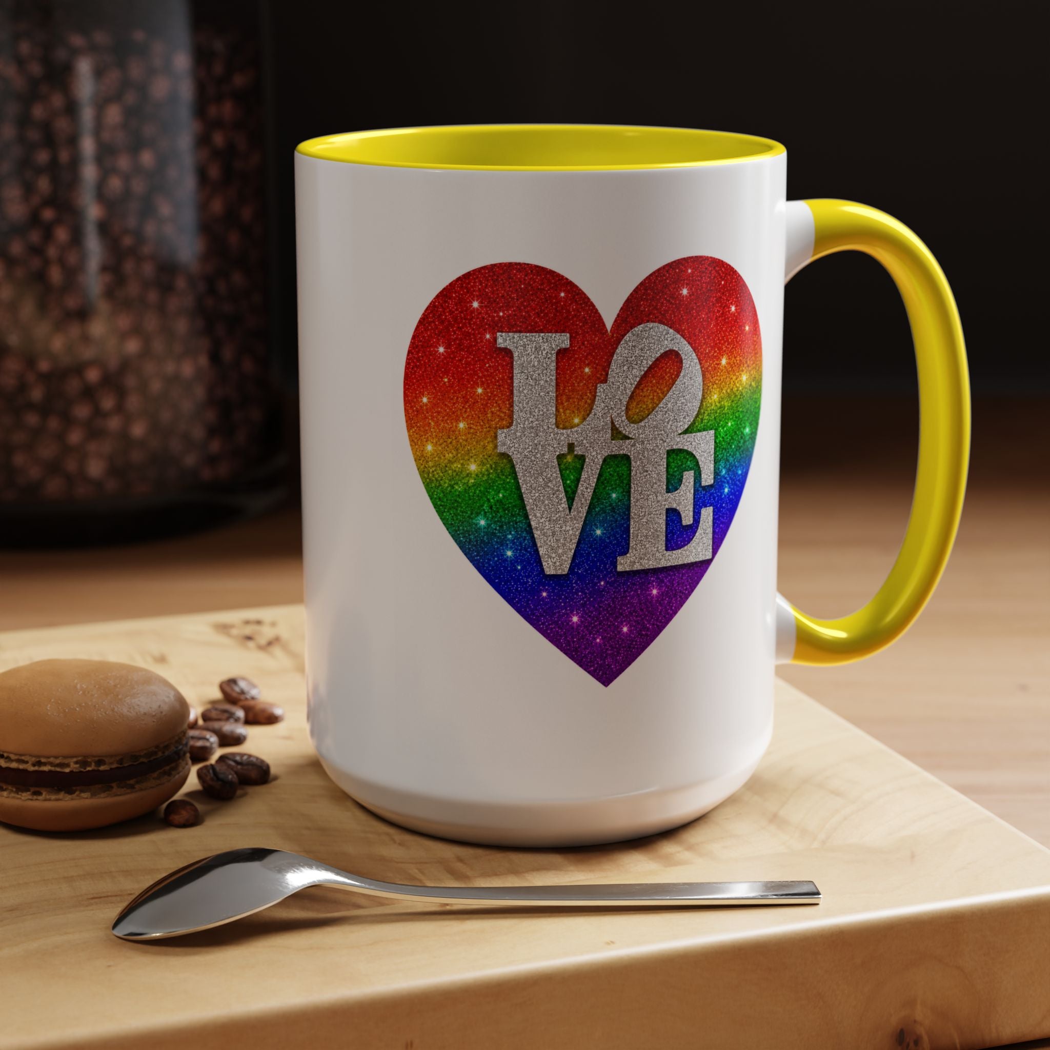 Rainbow LOVE Jewel Heart White Coffee Mug – Luxury Glitter Heart Mug | Premium Sparkling Rainbow LOVE Design