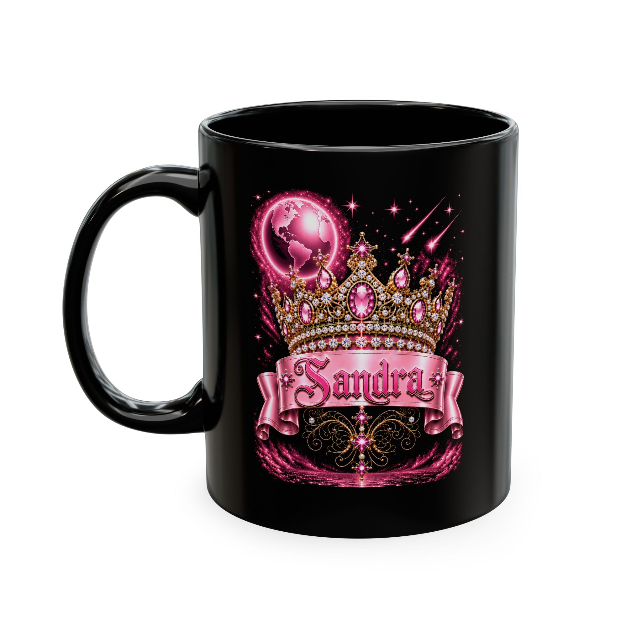 Sandra – The Pink Crown of Destiny™ | Personalized Royal Crown Mug | Luxury Pink Princess Coffee Mug | Custom Name Ceramic Gift | Elegant Fantasy Keepsake