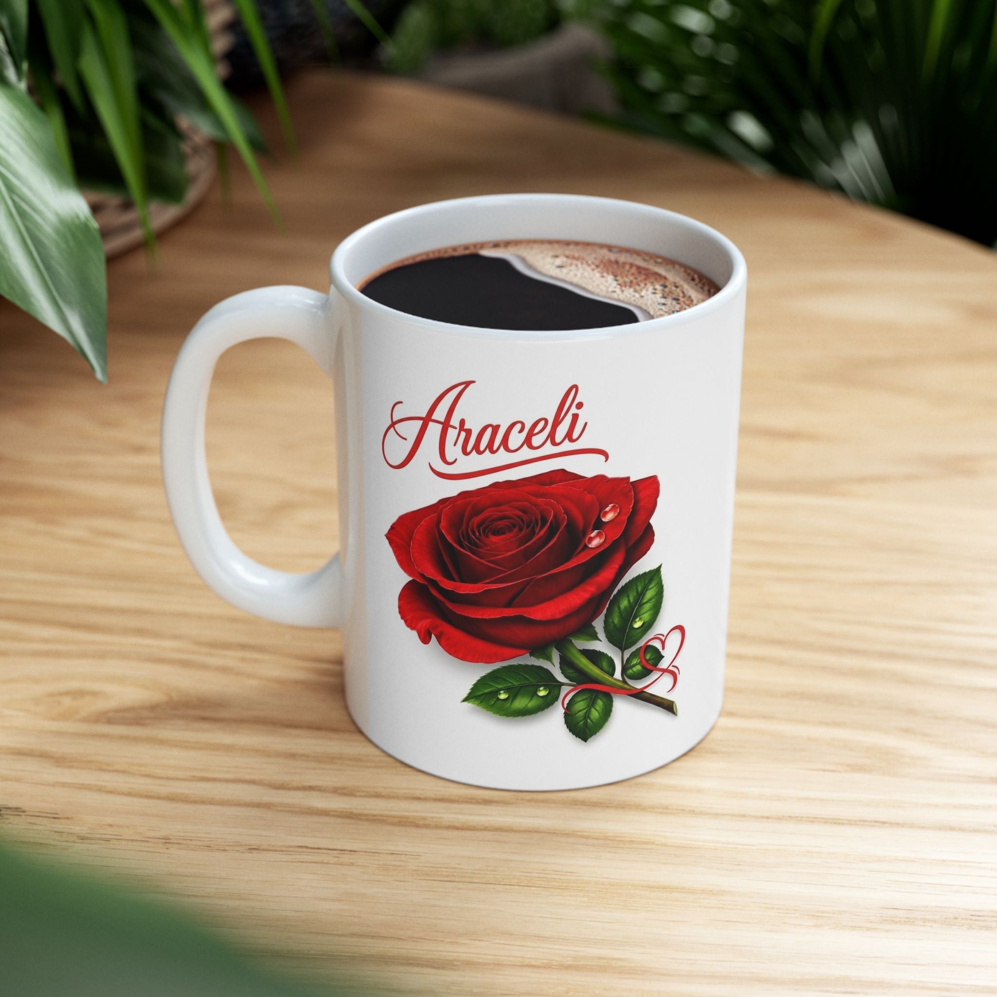 Araceli Signature Rose White Mug – Personalized Luxury Gift, Elegant Rose Coffee Mug, Premium Floral Keepsake
