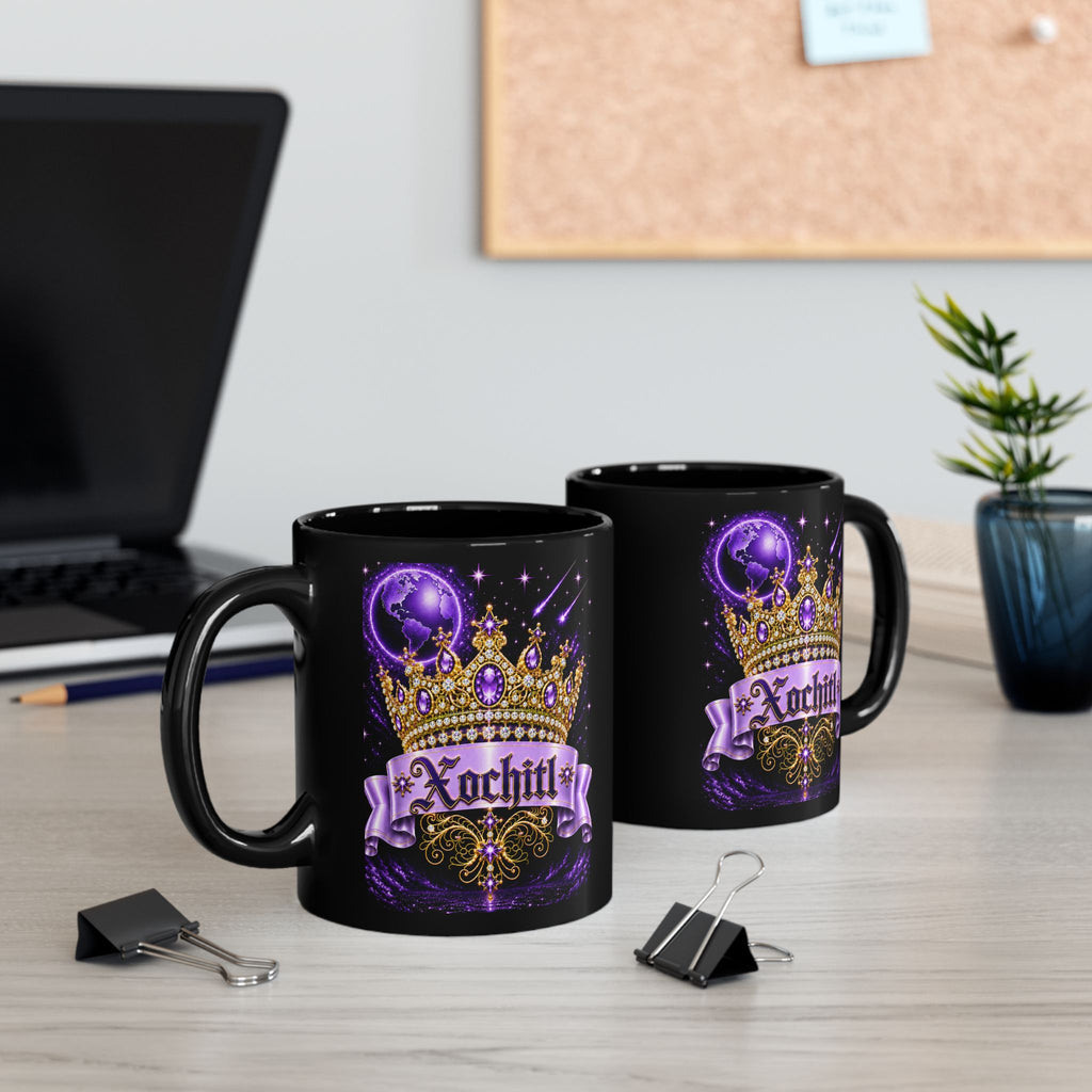 The Purple Crown of Destiny™ | Xochitl Personalized Royal Crown Mug | Luxury Celestial Fantasy Coffee Mug | Premium Black Ceramic Mug | The Fugly Mugly™
