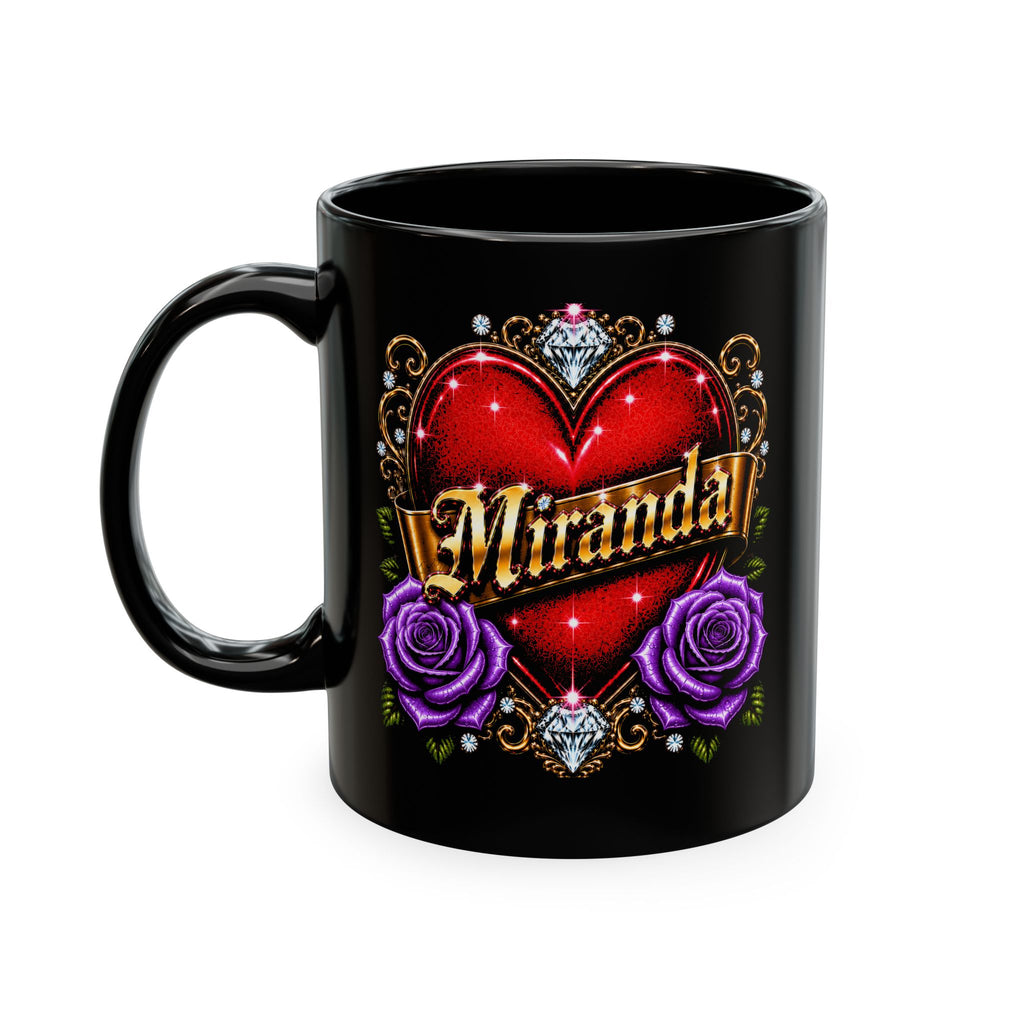Luxury Personalized Miranda Black Accent Mug – Elegant Gold Heart, Purple Rose & Diamond Design | Premium Custom Name Coffee Mug Gift for Her