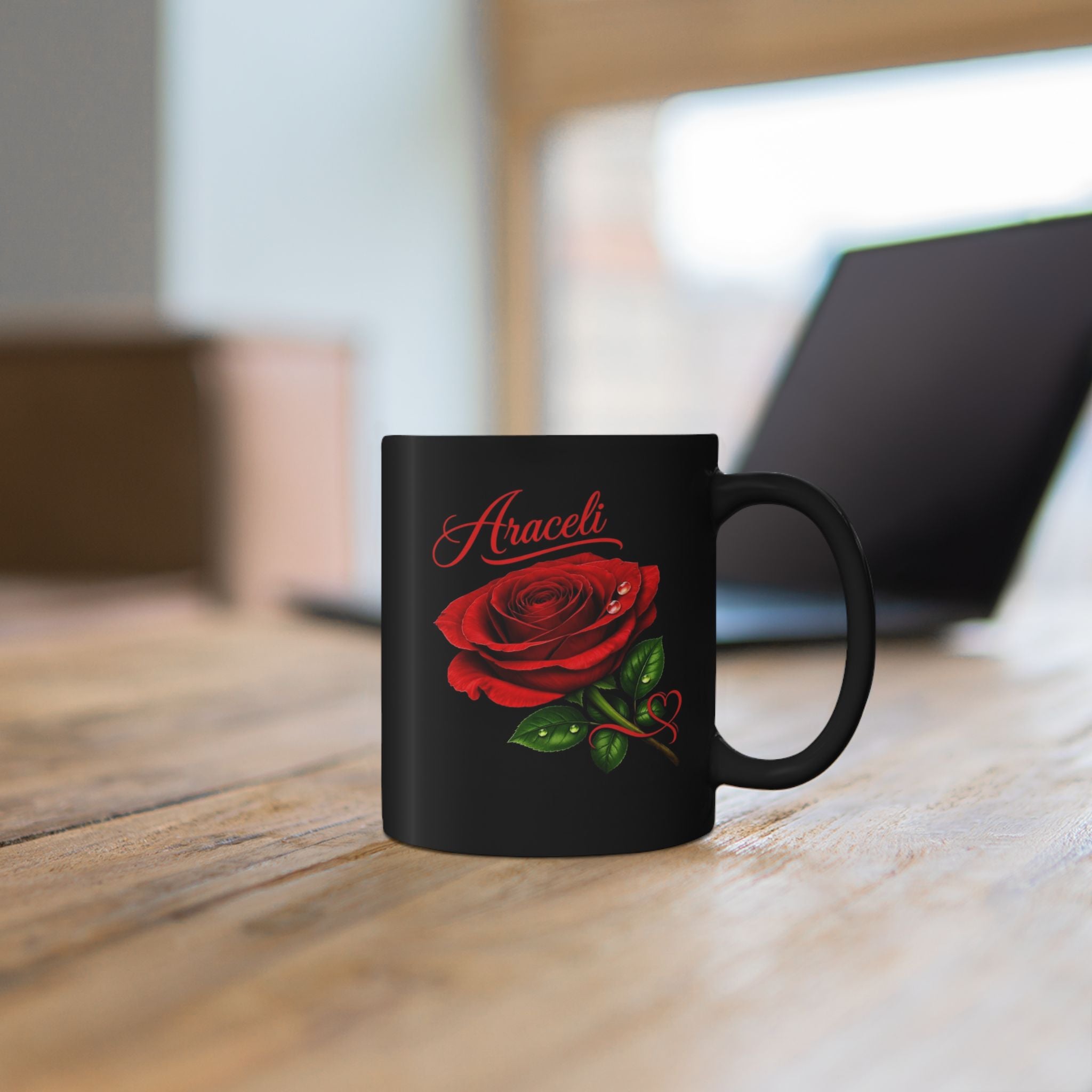 Araceli Signature Rose Black Mug – Personalized Luxury Gift, Elegant Rose Coffee Mug, Premium Floral Keepsake