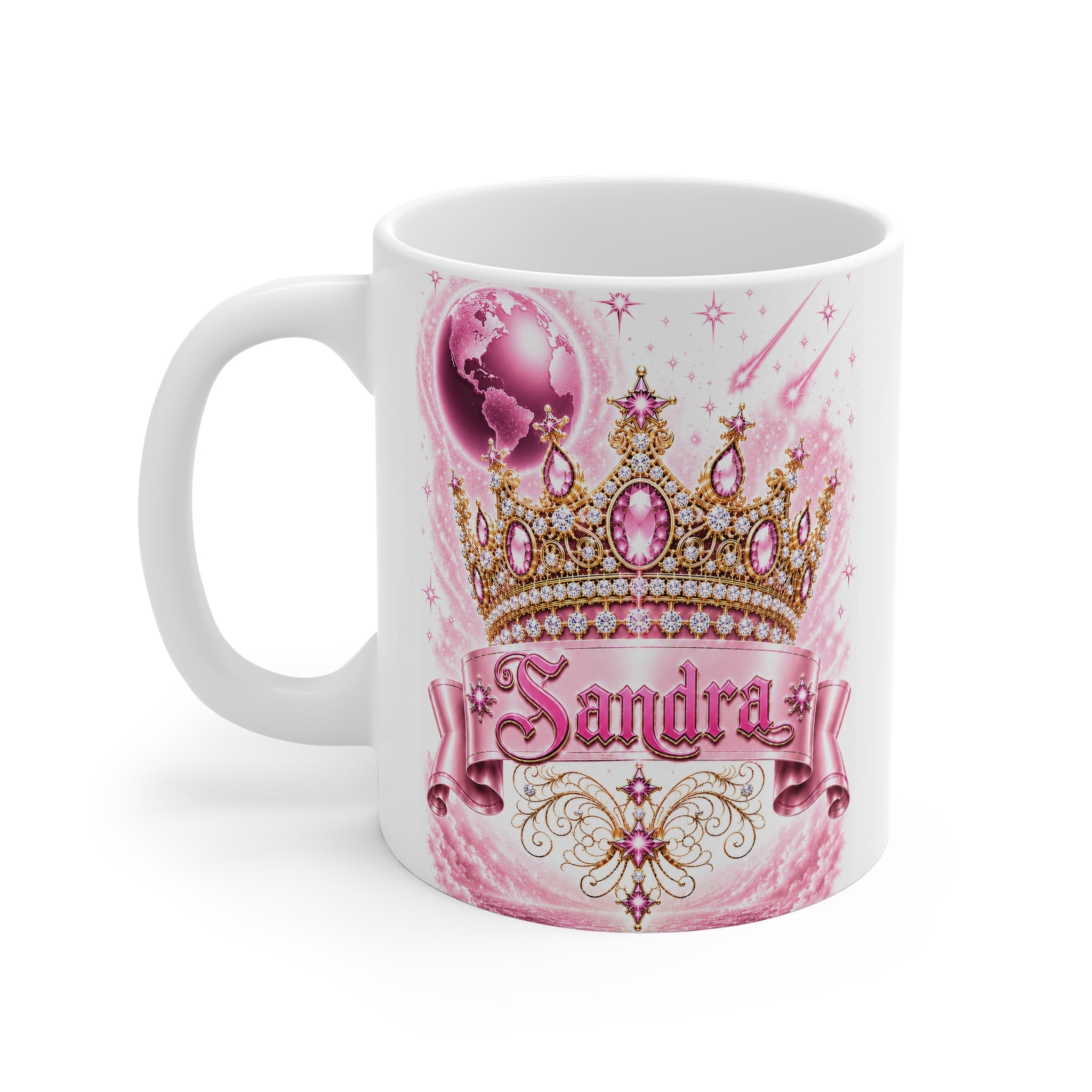 Sandra – The Pink Crown of Destiny™ | Personalized Royal Crown Mug | Luxury Pink Princess Coffee Mug | Custom Name Ceramic Gift | Elegant Fantasy Keepsake