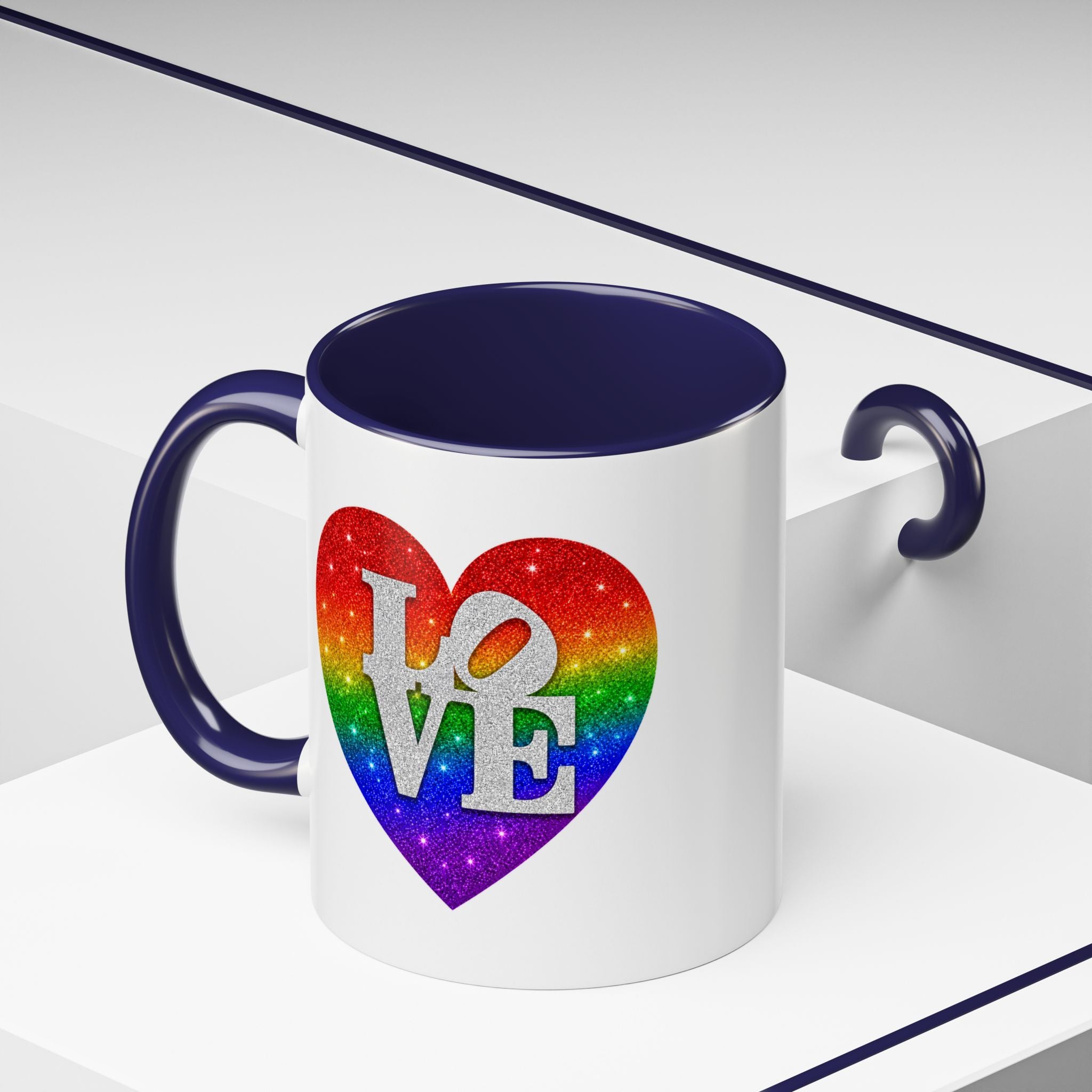 Rainbow LOVE Jewel Heart White Coffee Mug – Luxury Glitter Heart Mug | Premium Sparkling Rainbow LOVE Design