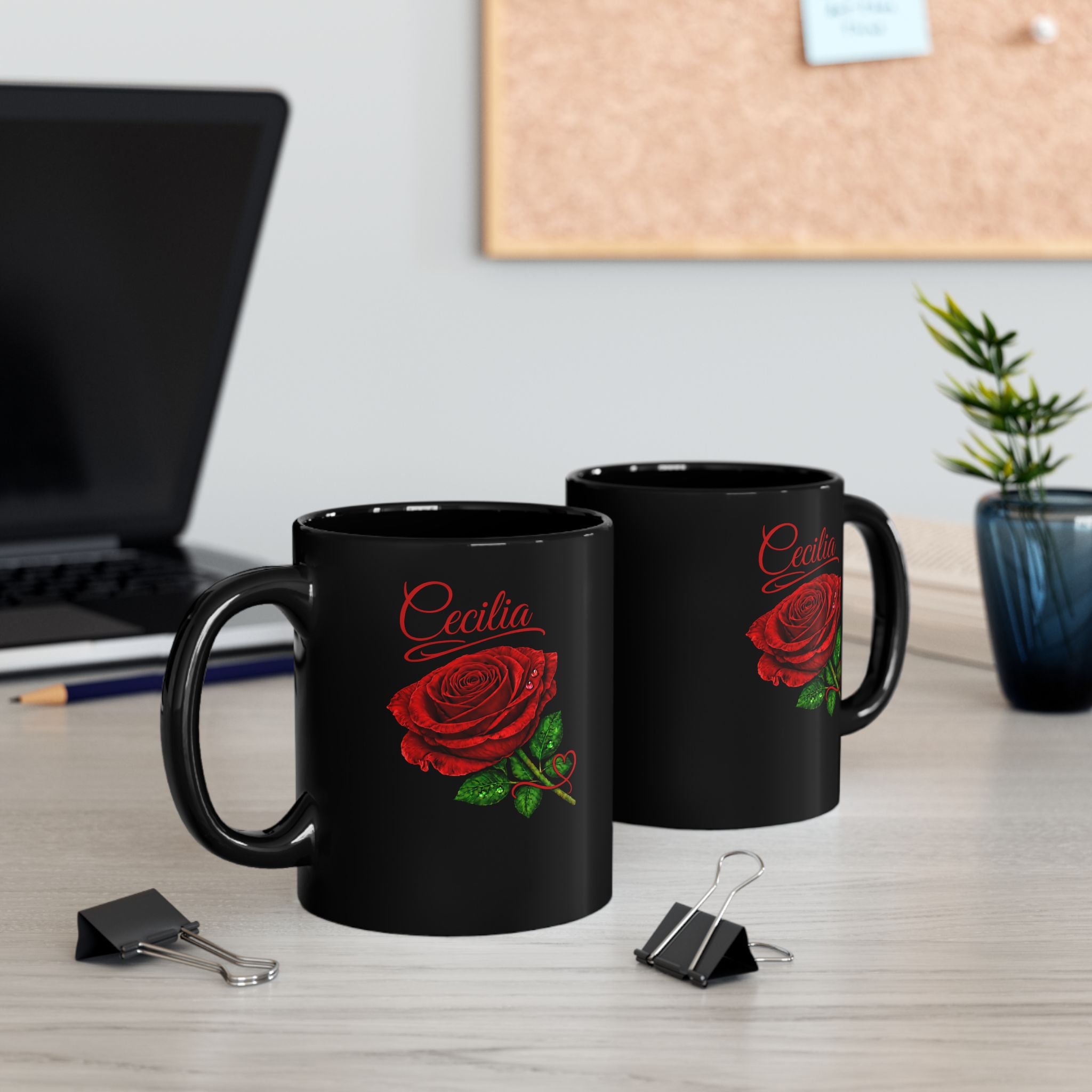 Cecilia Signature Rose Black Mug – Personalized Luxury Gift, Elegant Rose Coffee Mug, Premium Floral Keepsake