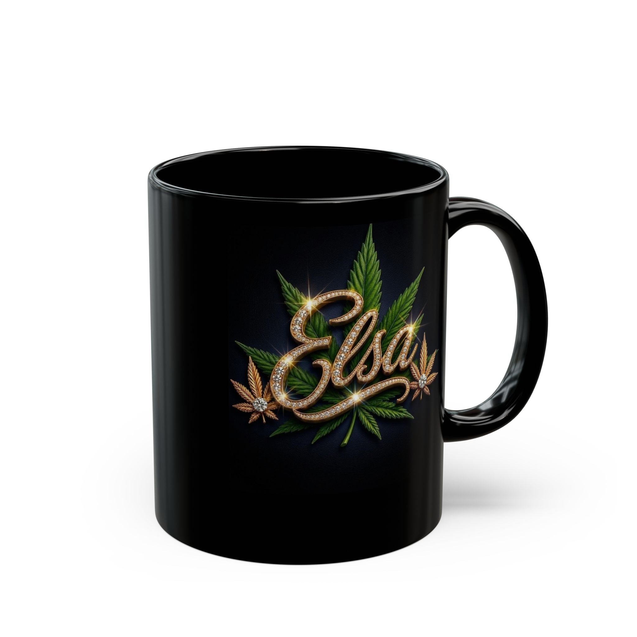 Elsa Emerald Royale – Diamond Gold Cannabis Leaf Luxury Black Ceramic Mug
