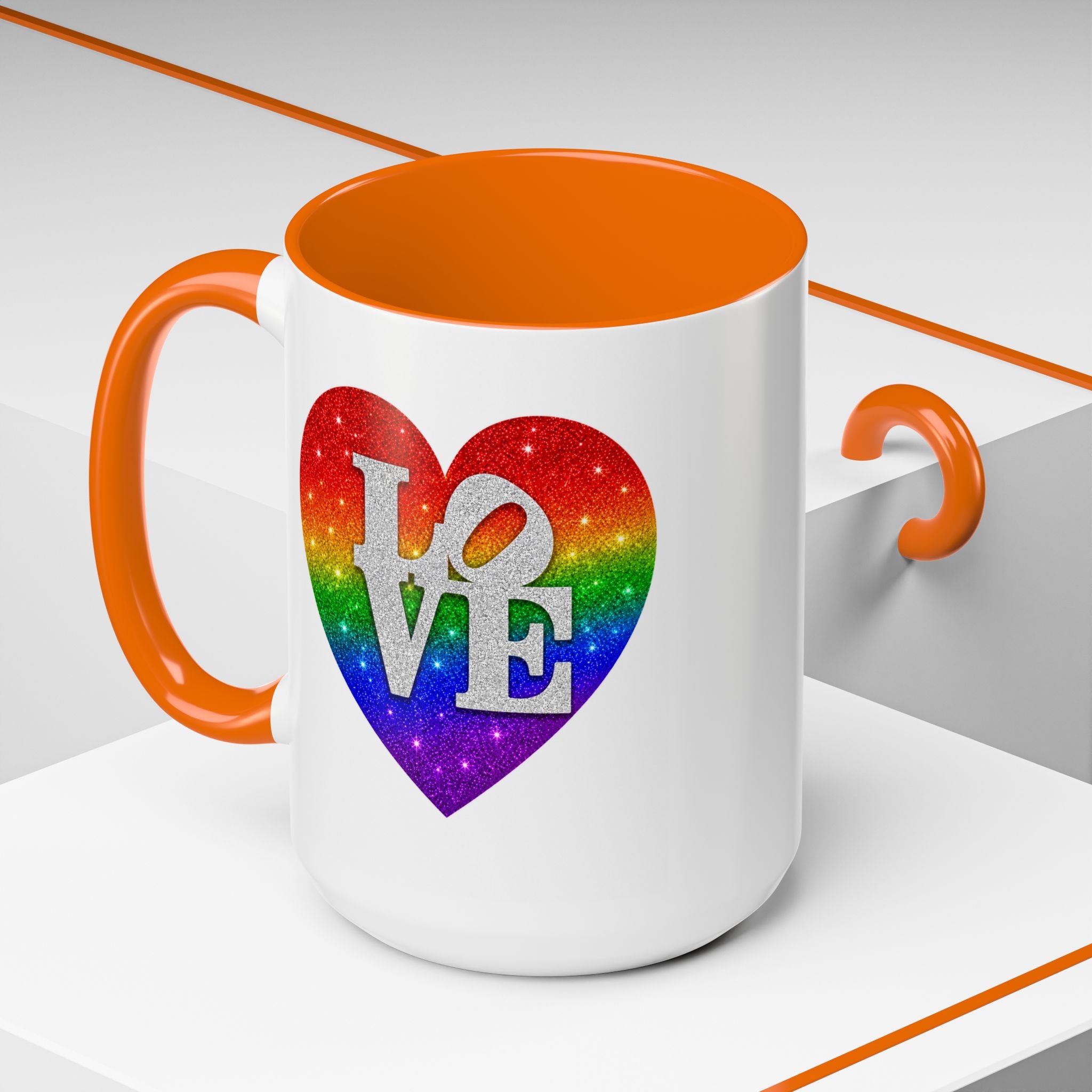 Rainbow LOVE Jewel Heart White Coffee Mug – Luxury Glitter Heart Mug | Premium Sparkling Rainbow LOVE Design