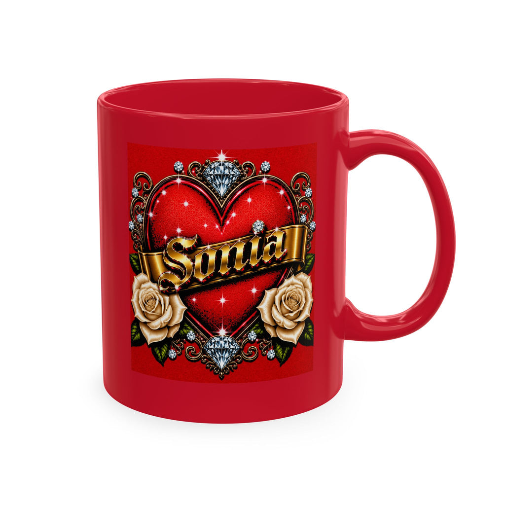 Sonia Personalized Heart & White Rose Luxury Coffee Mug – Elegant Custom Name Gift | Premium Ceramic Mug