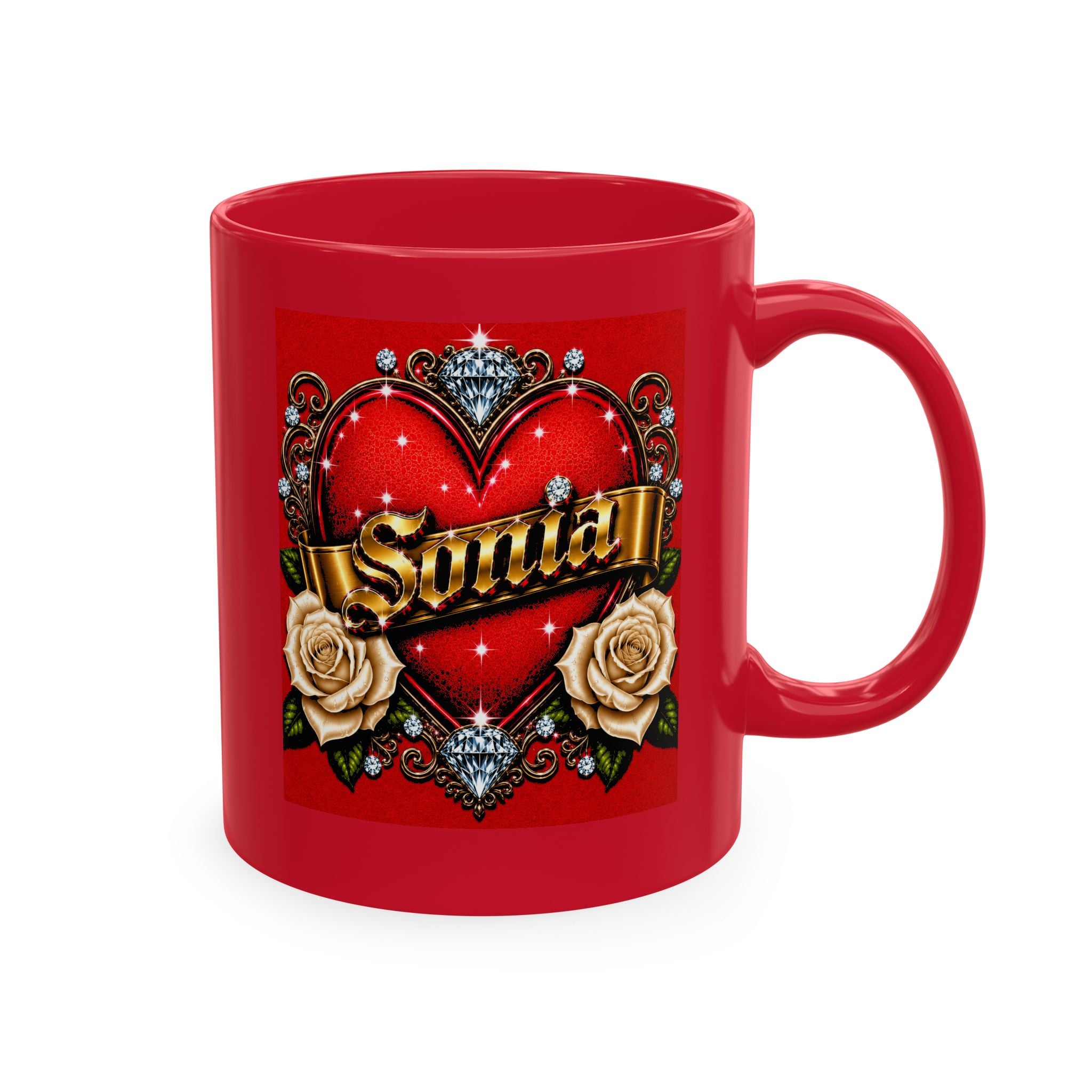 Sonia Personalized Heart & White Rose Luxury Coffee Mug – Elegant Custom Name Gift | Premium Ceramic Mug