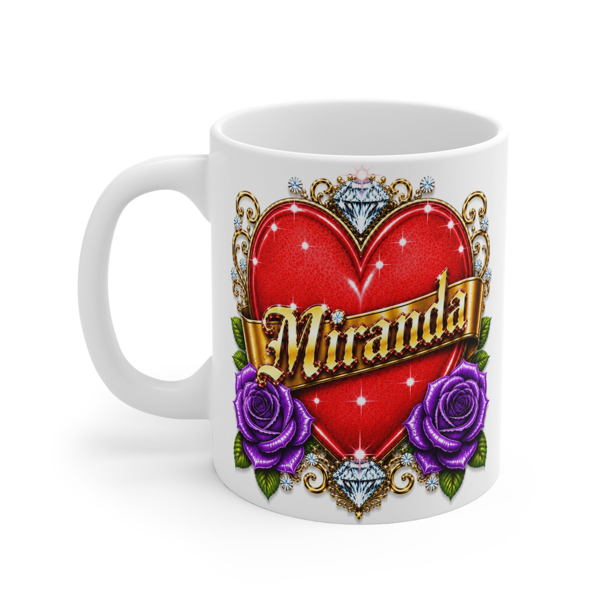 Miranda | The Heart of Devotion™ Luxury Personalized Rose Heart Mug | Romantic Custom Name Ceramic Coffee Mug