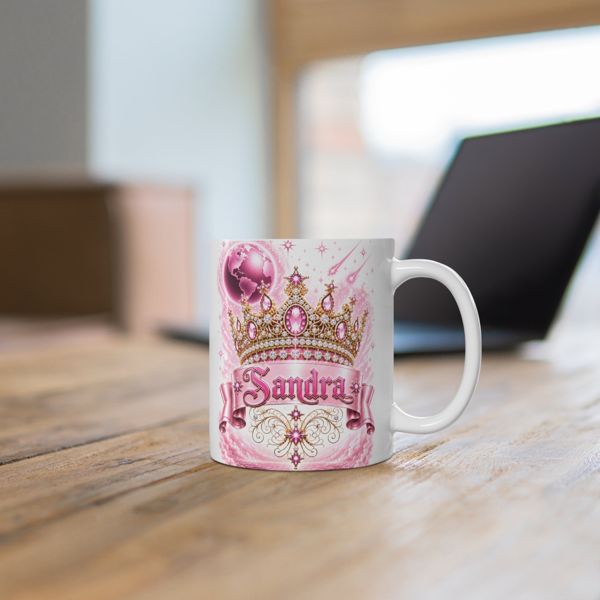 Sandra – The Pink Crown of Destiny™ | Personalized Royal Crown Mug | Luxury Pink Princess Coffee Mug | Custom Name Ceramic Gift | Elegant Fantasy Keepsake