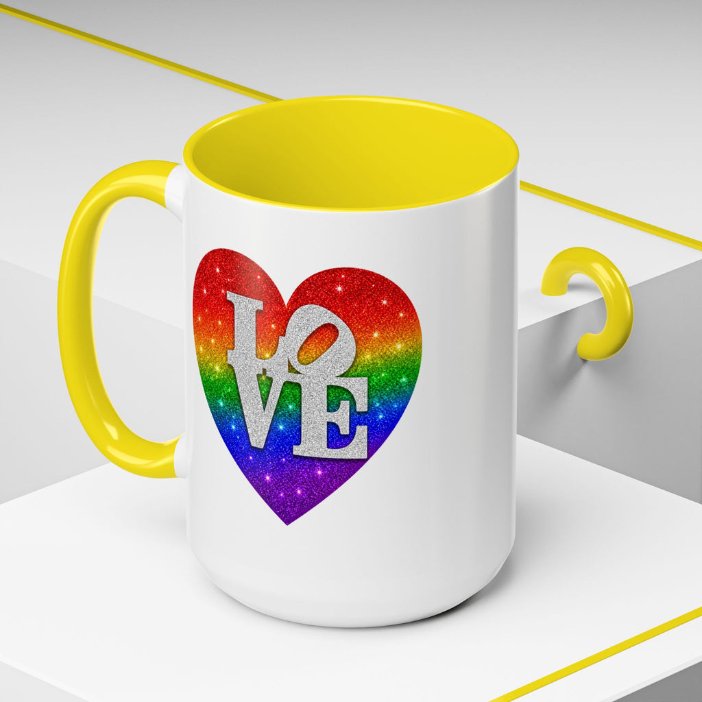 Rainbow LOVE Jewel Heart White Coffee Mug – Luxury Glitter Heart Mug | Premium Sparkling Rainbow LOVE Design
