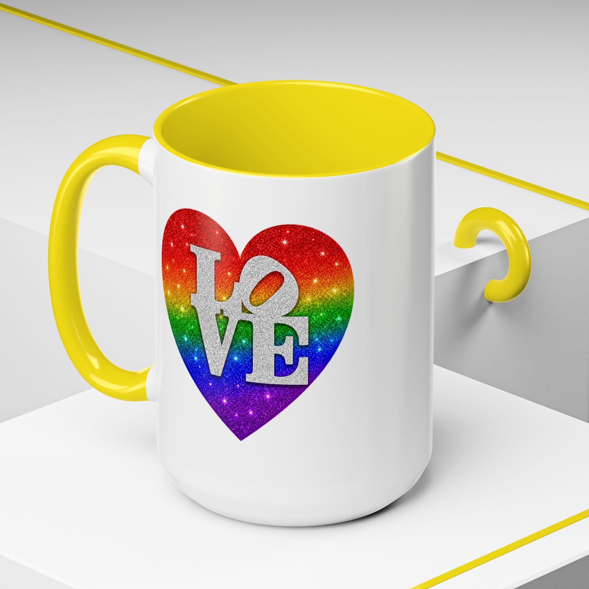 Rainbow LOVE Jewel Heart White Coffee Mug – Luxury Glitter Heart Mug | Premium Sparkling Rainbow LOVE Design