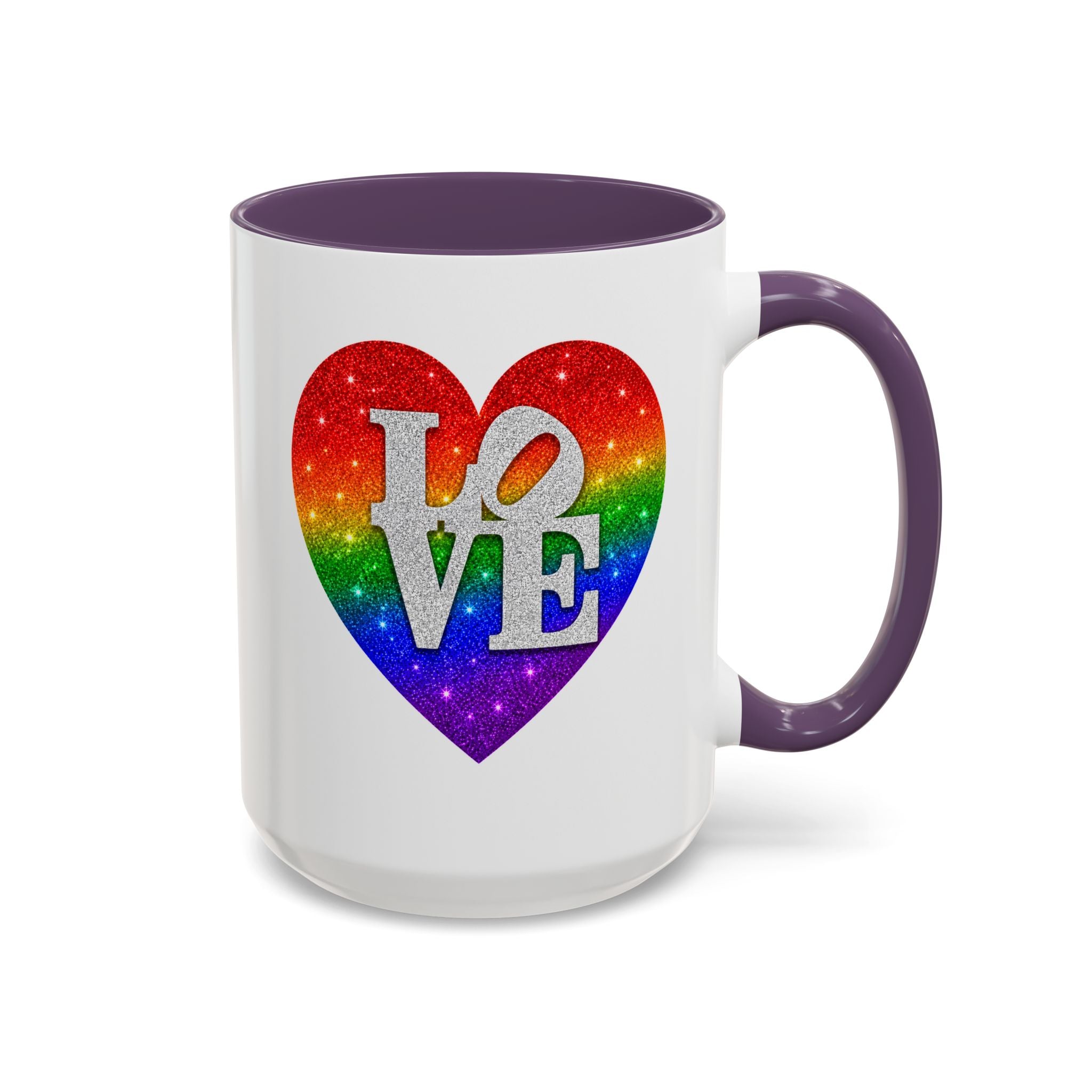 Rainbow LOVE Jewel Heart White Coffee Mug – Luxury Glitter Heart Mug | Premium Sparkling Rainbow LOVE Design