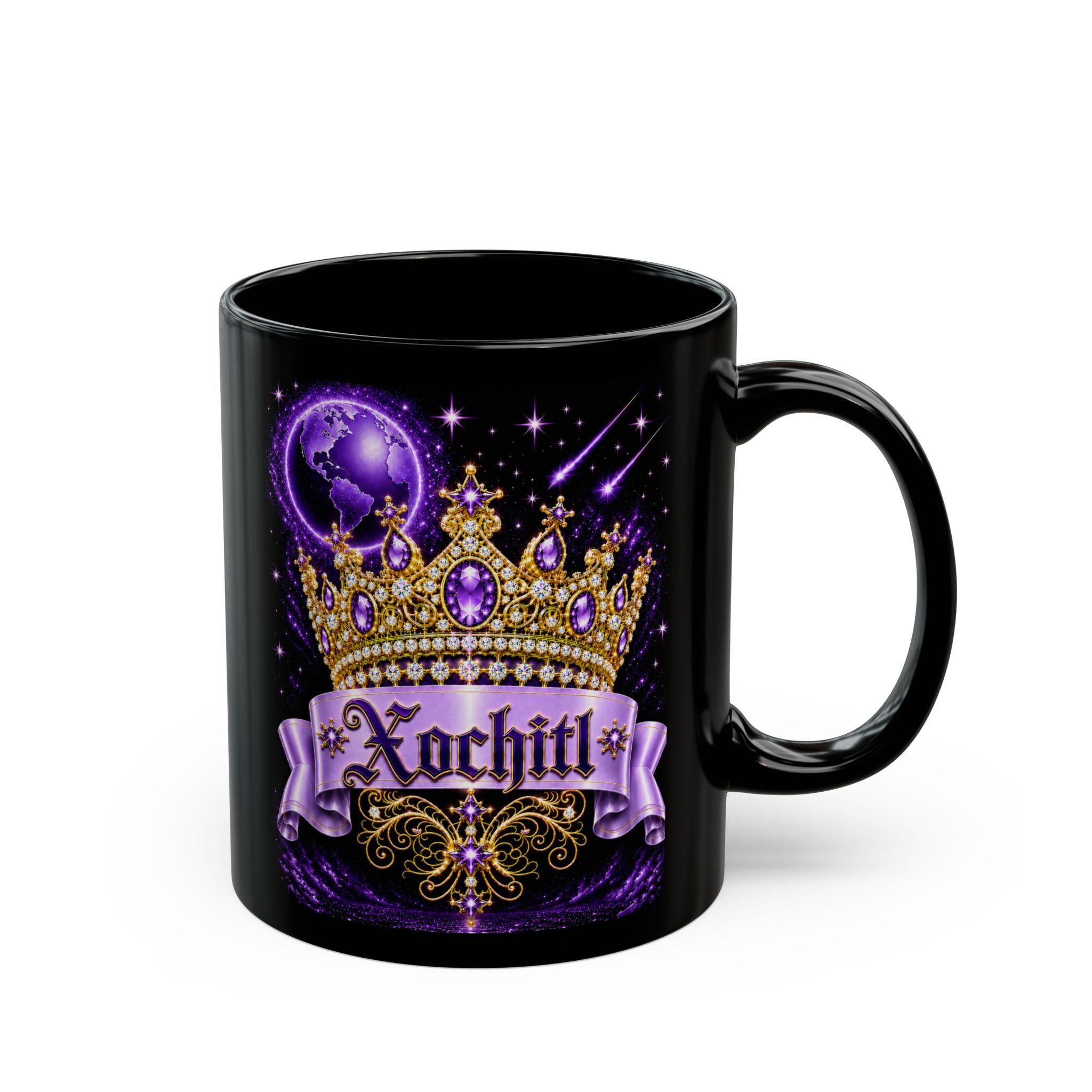 The Purple Crown of Destiny™ | Xochitl Personalized Royal Crown Mug | Luxury Celestial Fantasy Coffee Mug | Premium Black Ceramic Mug | The Fugly Mugly™