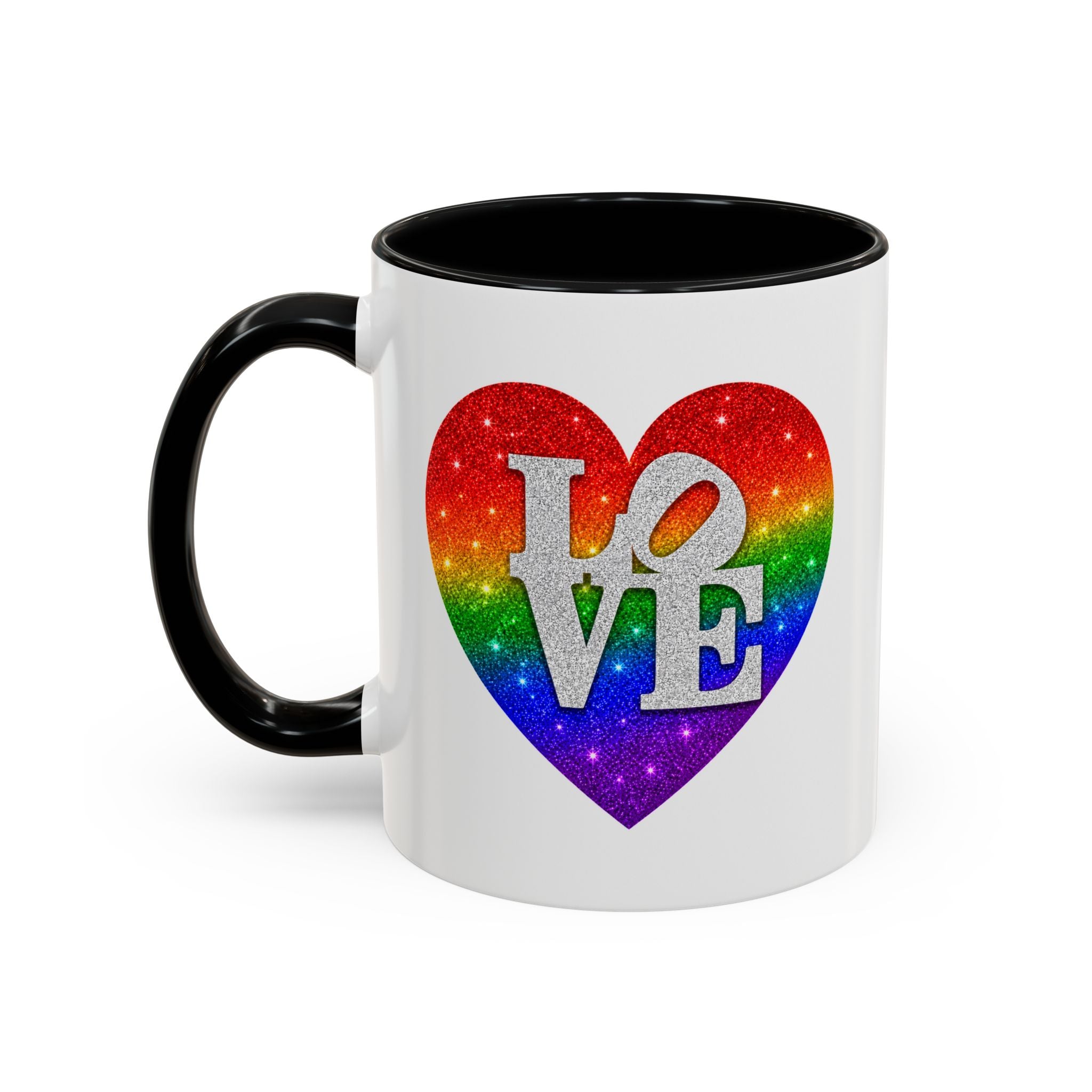 Rainbow LOVE Jewel Heart White Coffee Mug – Luxury Glitter Heart Mug | Premium Sparkling Rainbow LOVE Design