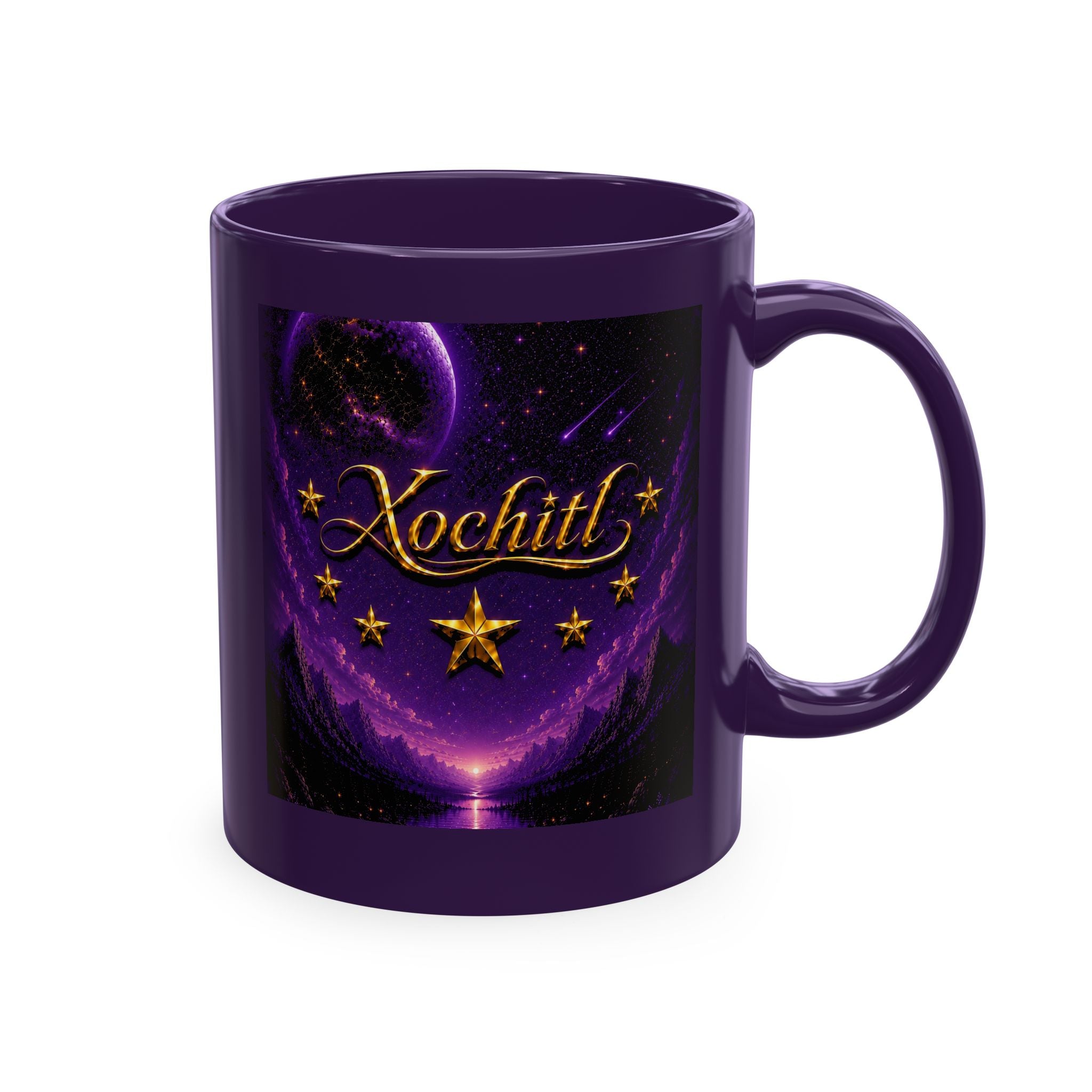 Xochitl – Celestial Moon & Stars™ | Personalized Purple Galaxy Mug | Luxury Cosmic Coffee Mug | Custom Name Ceramic Mug | Mystical Night Sky Gift for Her