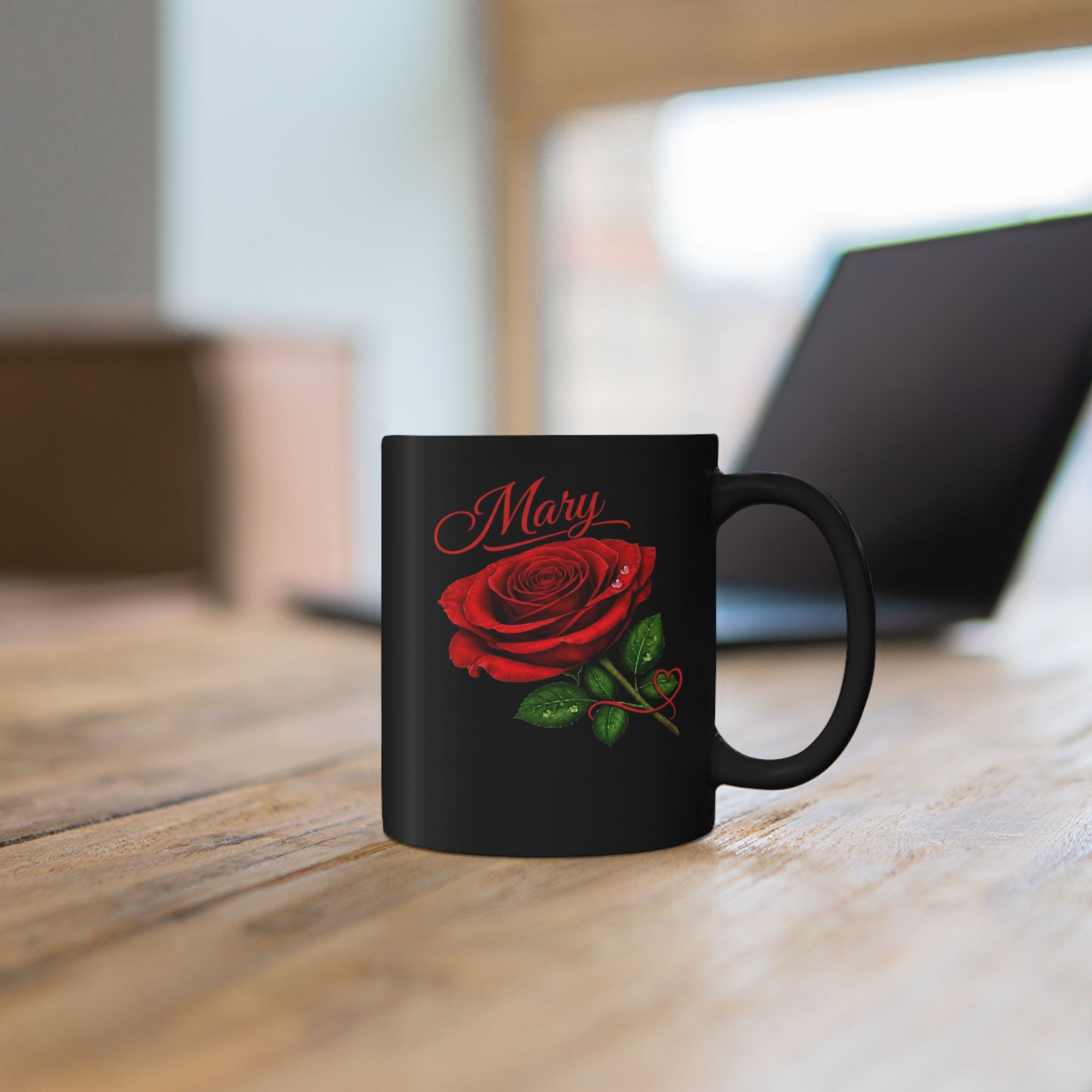 Mary Signature Rose Black Mug – Personalized Luxury Gift for Mom, Mother’s Day Elegant Keepsake