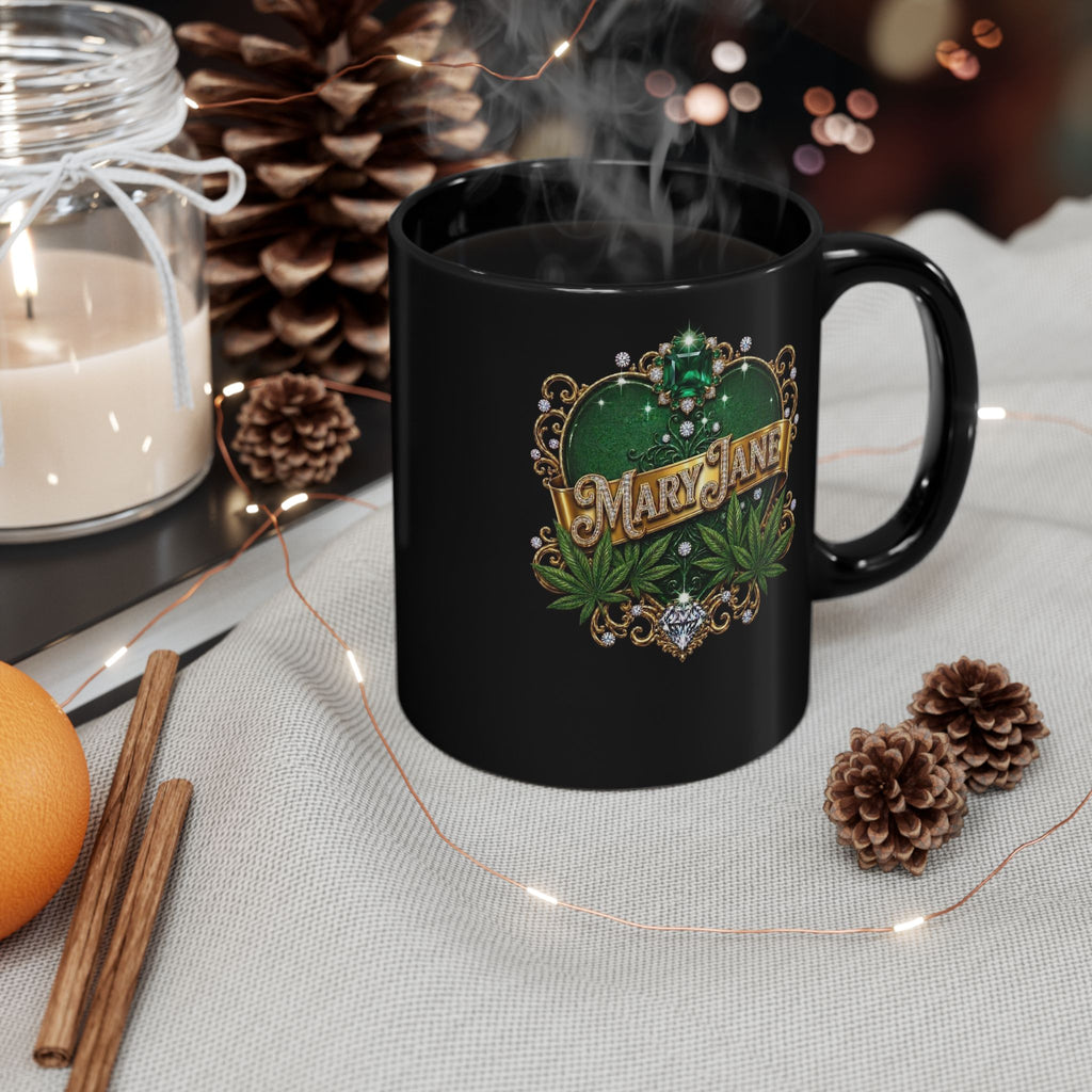 Mary Jane Emerald Royale – Luxury Cannabis Leaf & Diamond Gold Ceramic Mug