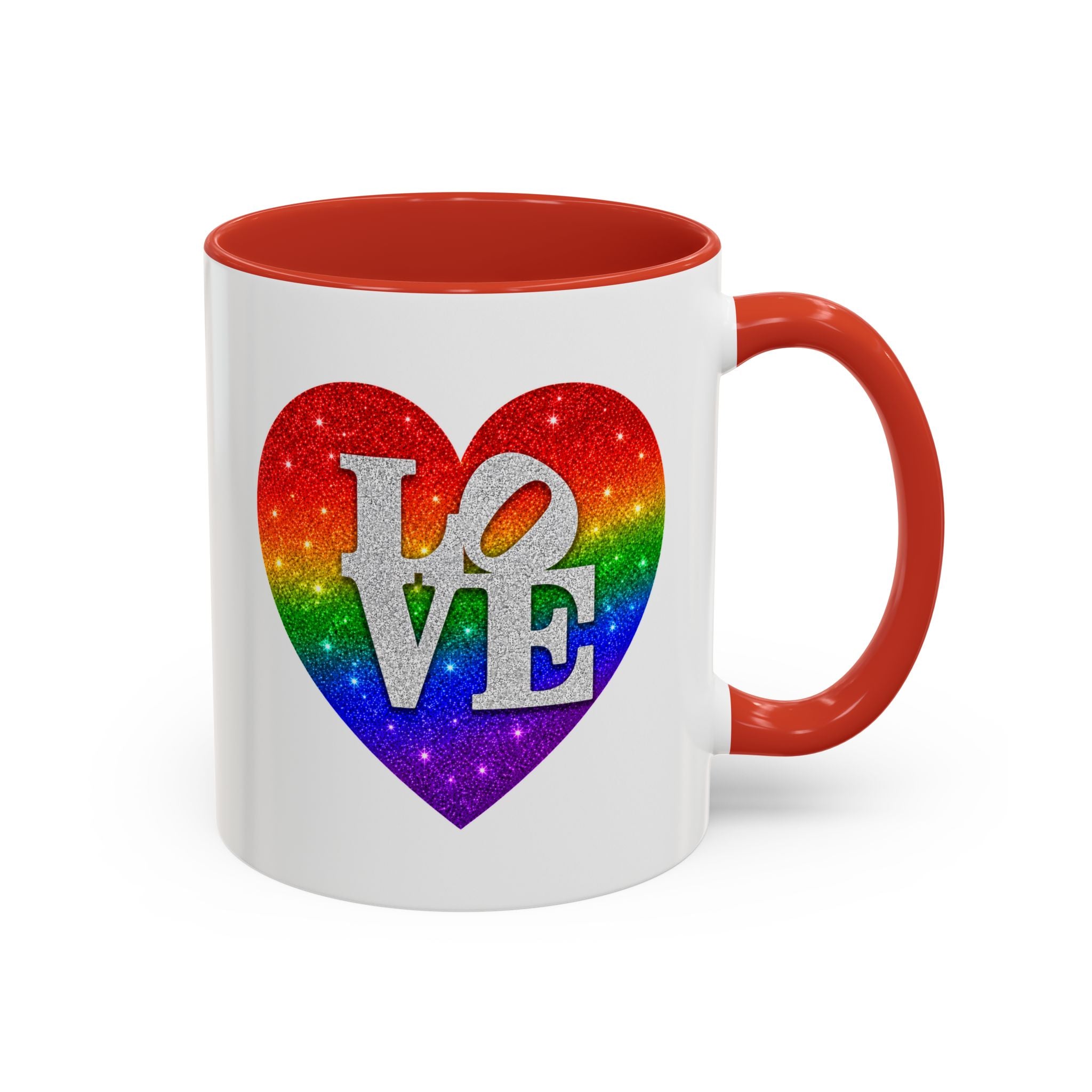 Rainbow LOVE Jewel Heart White Coffee Mug – Luxury Glitter Heart Mug | Premium Sparkling Rainbow LOVE Design