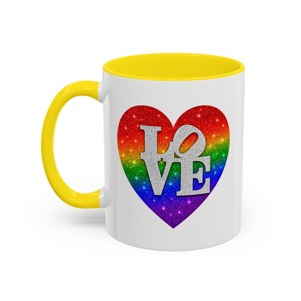Rainbow LOVE Jewel Heart White Coffee Mug – Luxury Glitter Heart Mug | Premium Sparkling Rainbow LOVE Design
