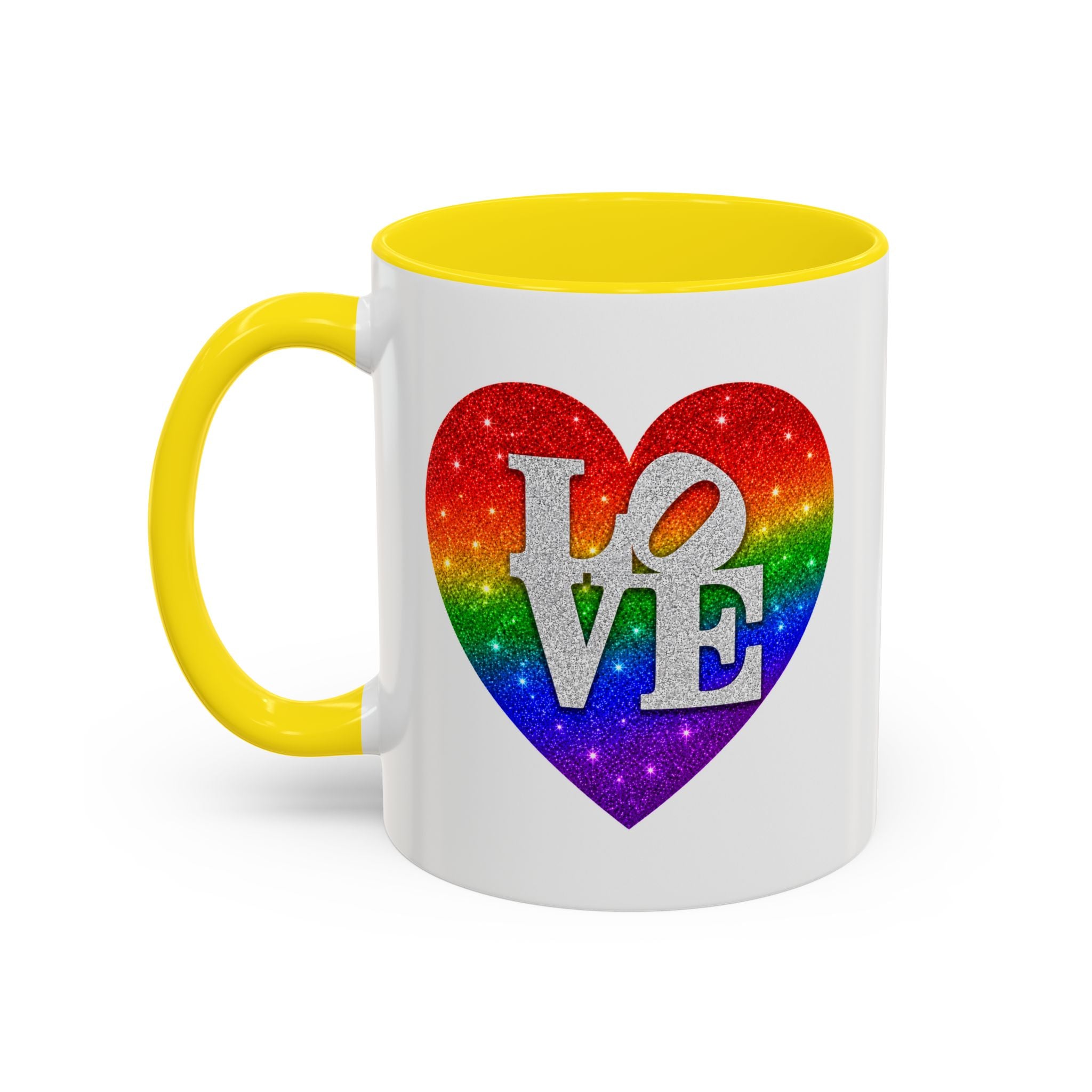 Rainbow LOVE Jewel Heart White Coffee Mug – Luxury Glitter Heart Mug | Premium Sparkling Rainbow LOVE Design
