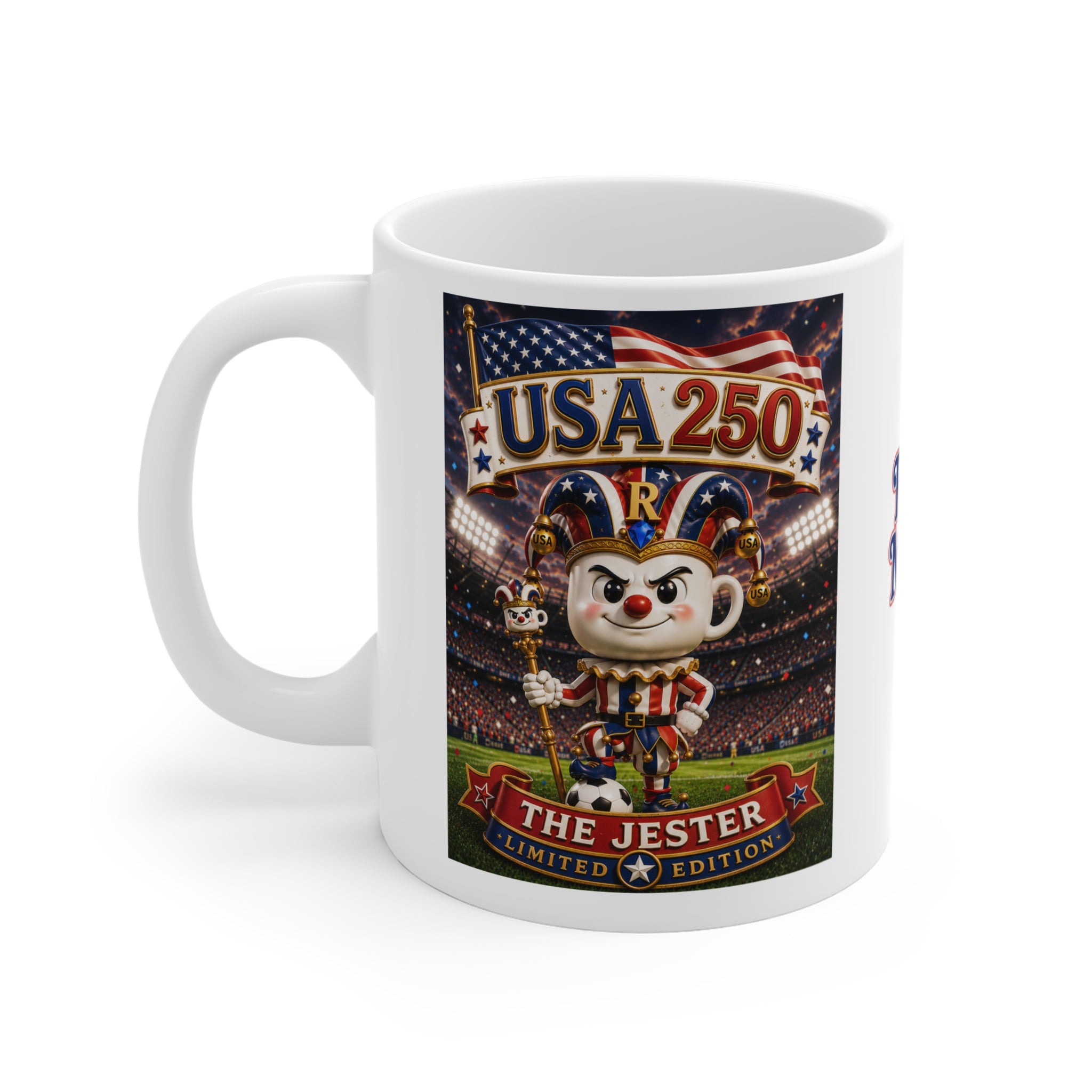 The Fugly Mugly™ USA 250 The Jester Limited Edition White Mug – Patriotic Collectible Artwork