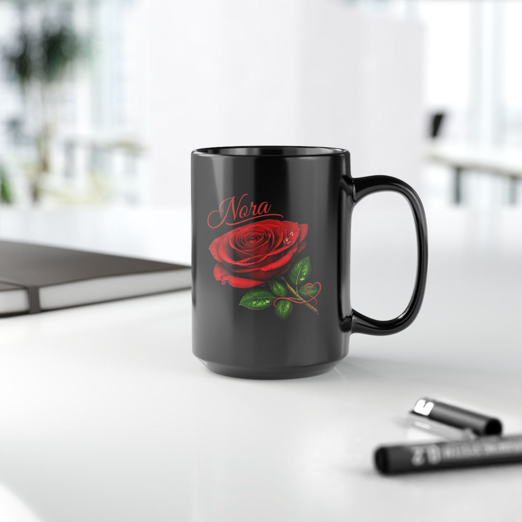 Nora – A Name That Feels Like Grace | Signature Rose Black Mug – Personalized Elegant Gift