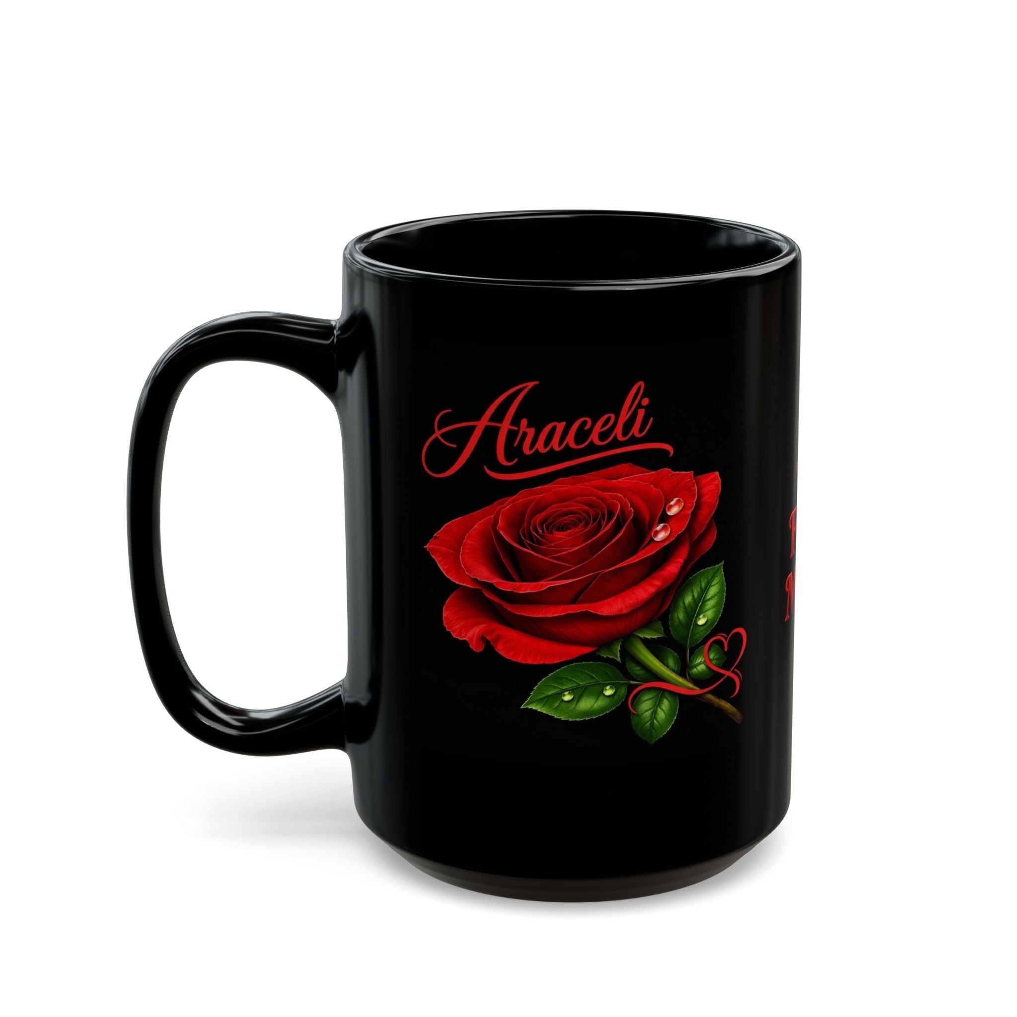 Araceli Signature Rose Black Mug – Personalized Luxury Gift, Elegant Rose Coffee Mug, Premium Floral Keepsake