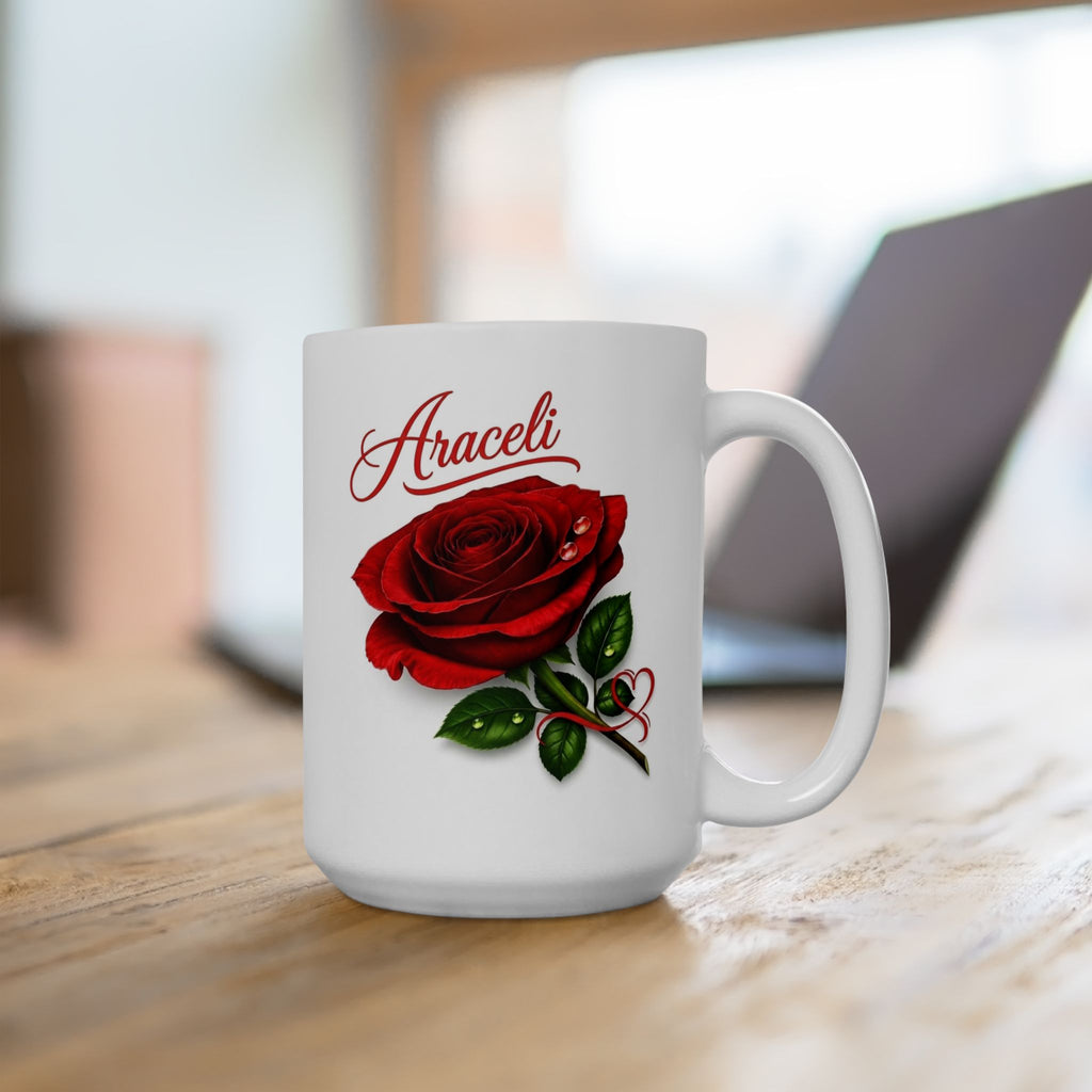 Araceli Signature Rose White Mug – Personalized Luxury Gift, Elegant Rose Coffee Mug, Premium Floral Keepsake