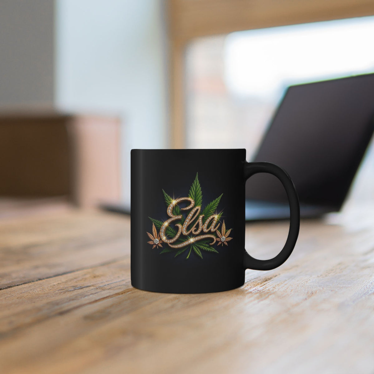 Elsa Emerald Royale – Diamond Gold Cannabis Leaf Luxury Black Ceramic Mug