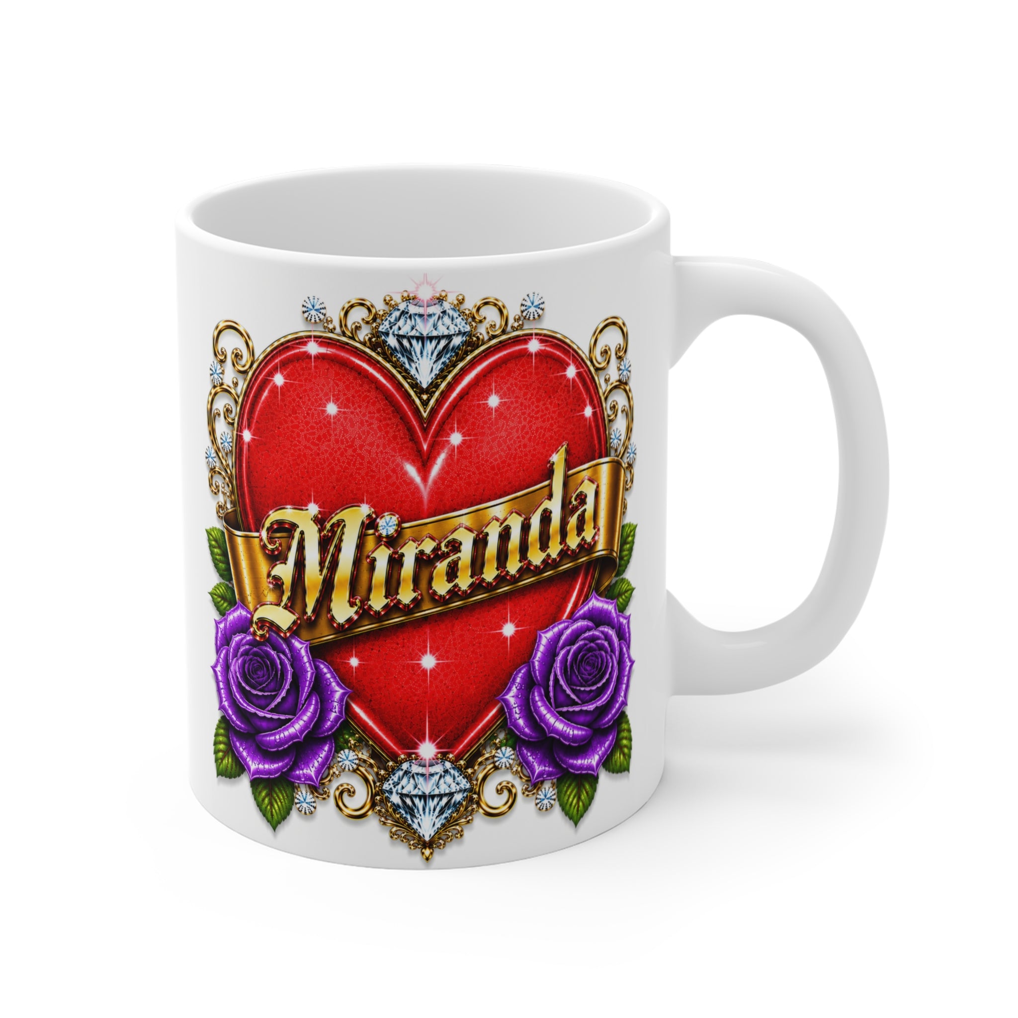 Miranda | The Heart of Devotion™ Luxury Personalized Rose Heart Mug | Romantic Custom Name Ceramic Coffee Mug
