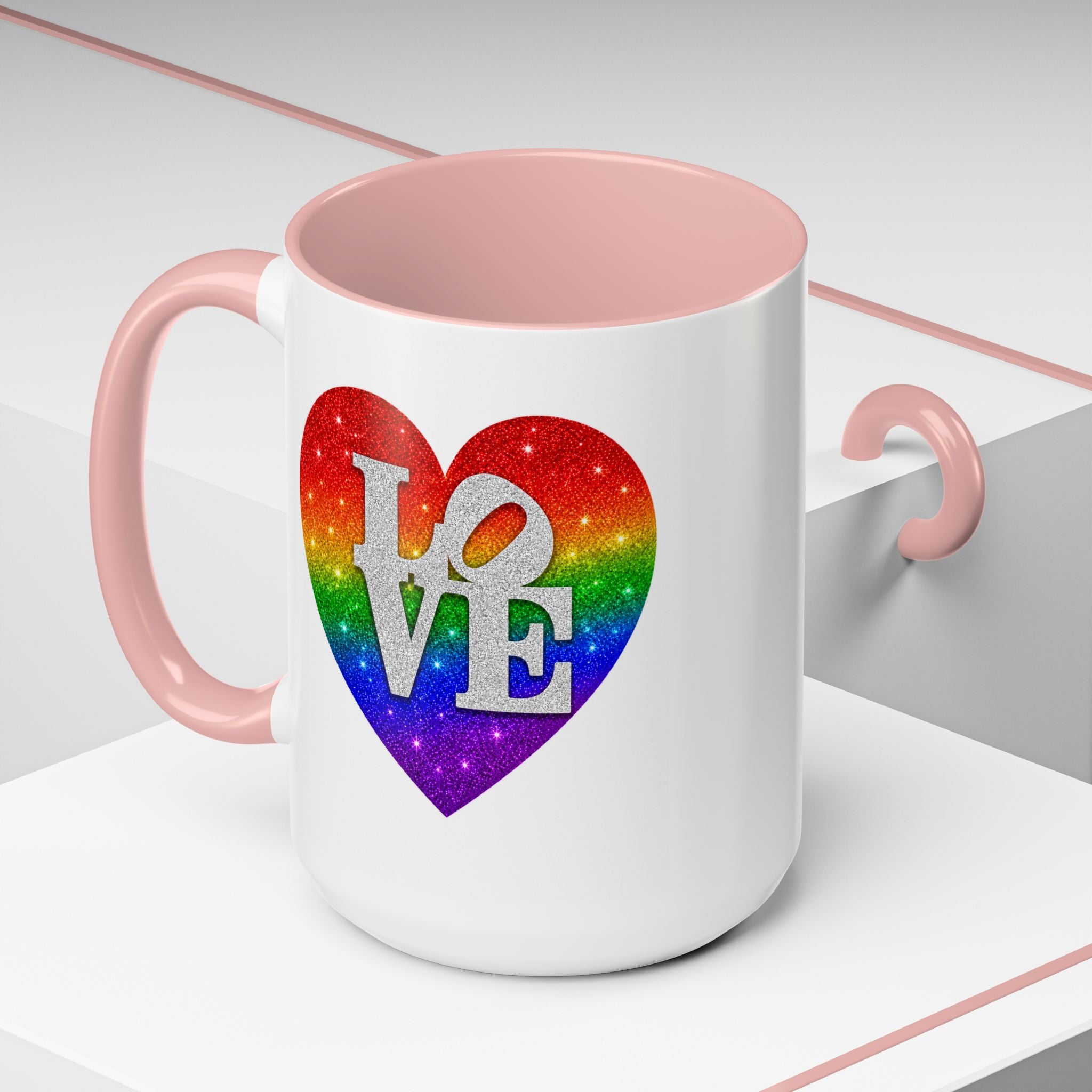 Rainbow LOVE Jewel Heart White Coffee Mug – Luxury Glitter Heart Mug | Premium Sparkling Rainbow LOVE Design