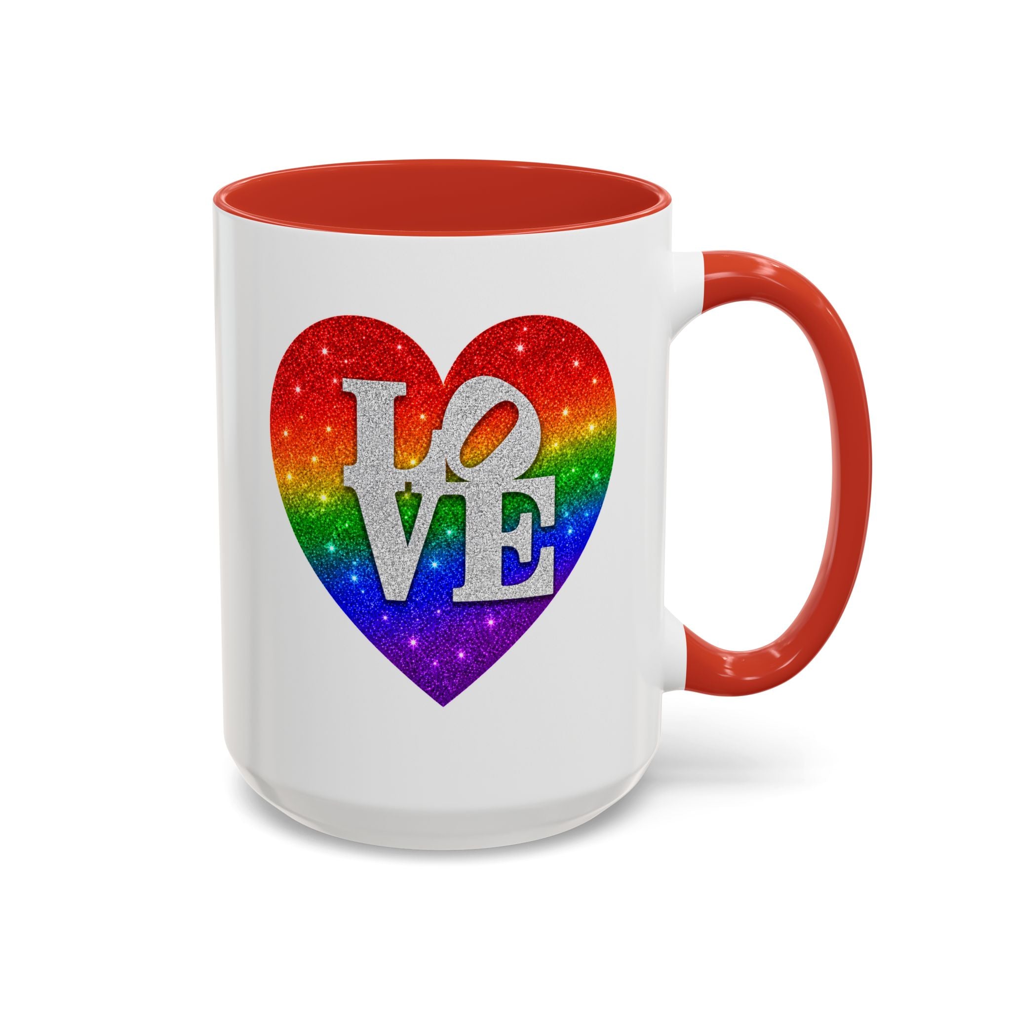 Rainbow LOVE Jewel Heart White Coffee Mug – Luxury Glitter Heart Mug | Premium Sparkling Rainbow LOVE Design