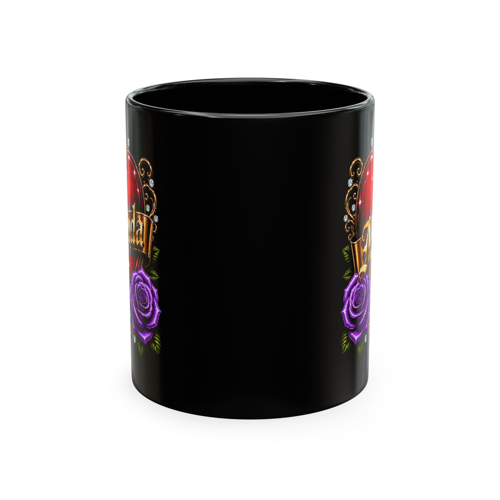 Luxury Personalized Miranda Black Accent Mug – Elegant Gold Heart, Purple Rose & Diamond Design | Premium Custom Name Coffee Mug Gift for Her