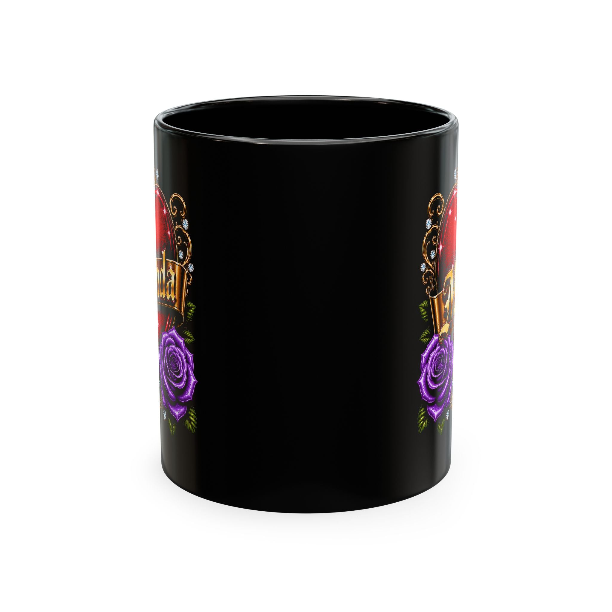 Luxury Personalized Miranda Black Accent Mug – Elegant Gold Heart, Purple Rose & Diamond Design | Premium Custom Name Coffee Mug Gift for Her