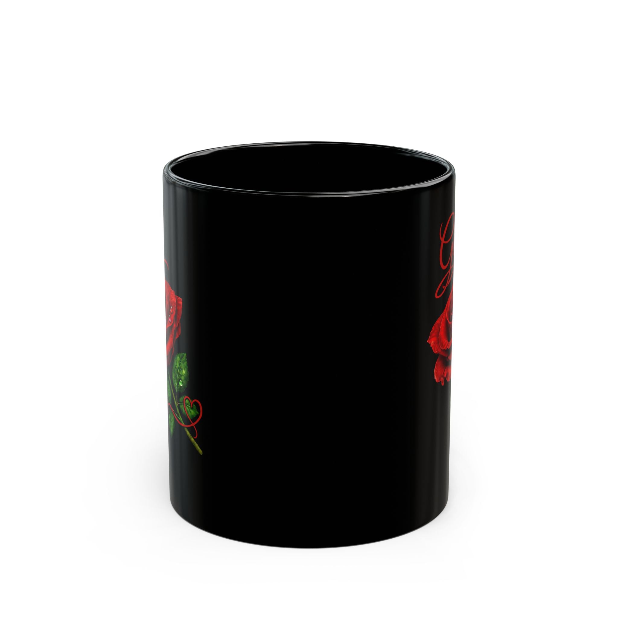 The Gigi – Signature Rose Black Mug carries a soft, refined presence that feels warm, familiar, and deeply personal