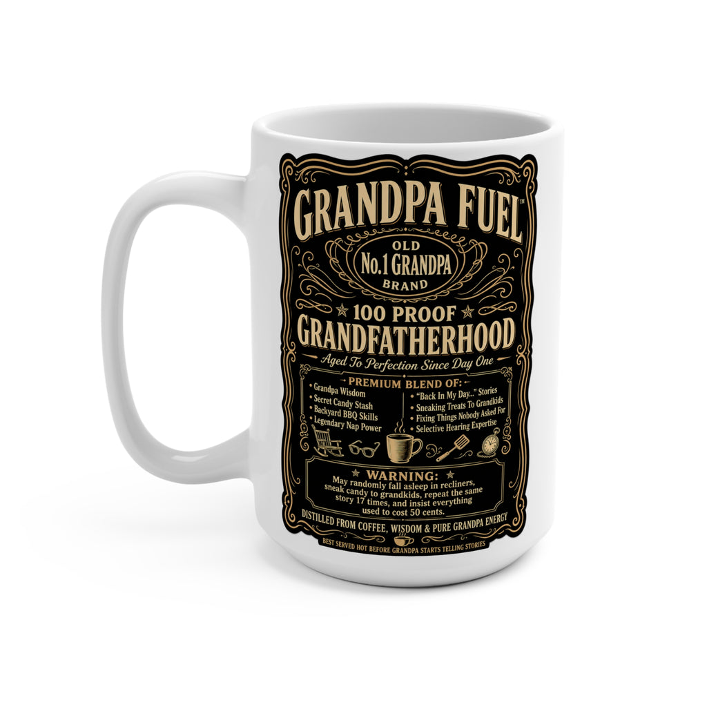 The Fugly Mugly™ Grandpa Fuel Mug – Premium Vintage Whiskey Label Style Grandpa Coffee Mug | Luxury Grandfather Gift | Bold Black & Vanilla Retro Design