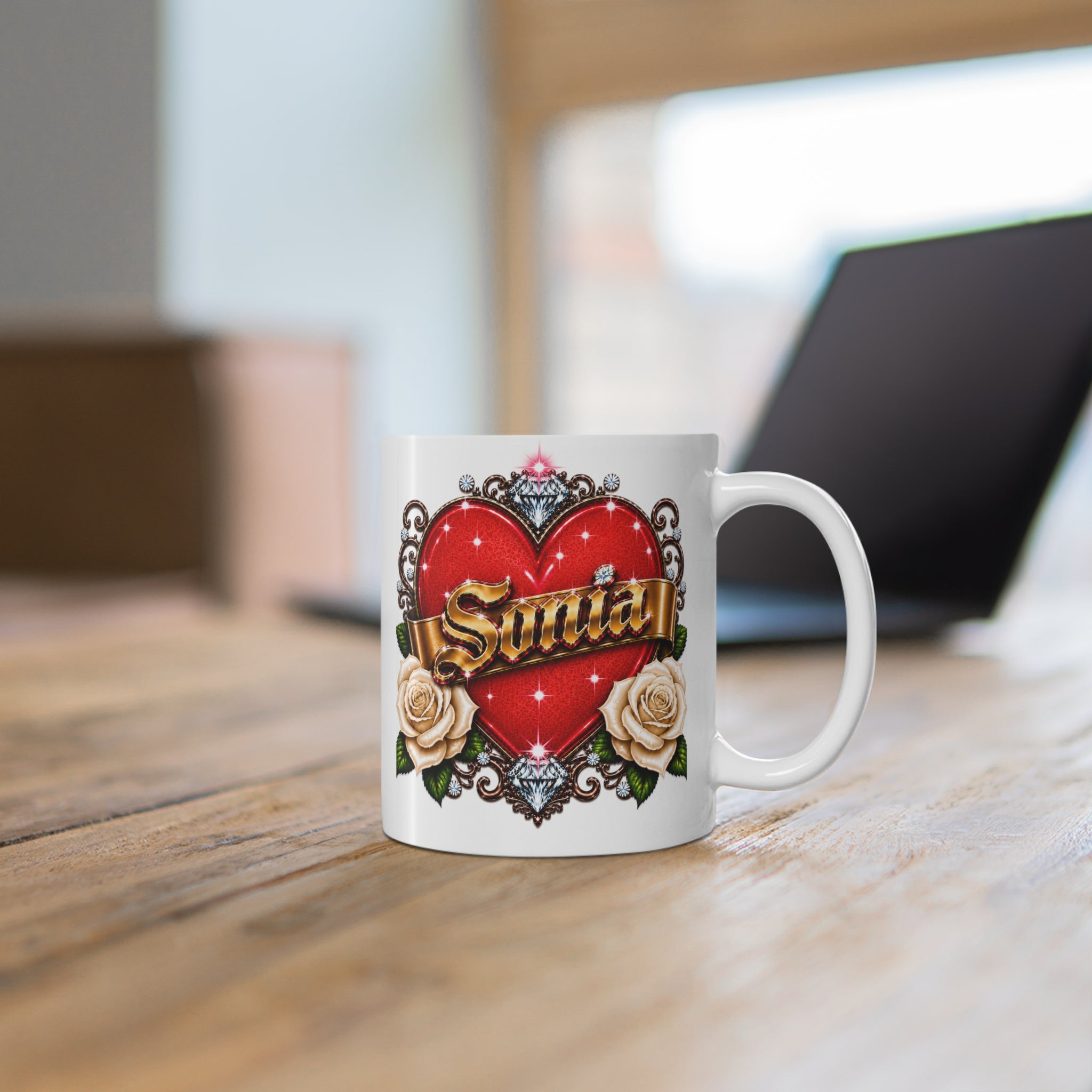 Sonia Personalized Heart & White Rose Luxury Coffee Mug – Elegant Custom Name Gift | Premium Ceramic Mug